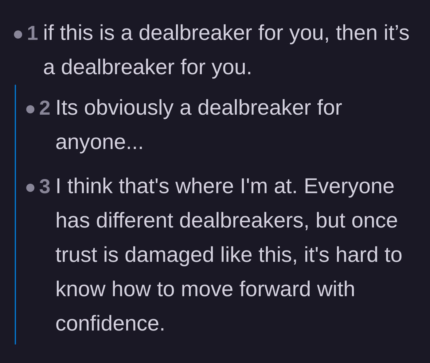 Comment thread 6 - A conversation validating that a broken foundation of trust is a perfectly logical dealbreaker.