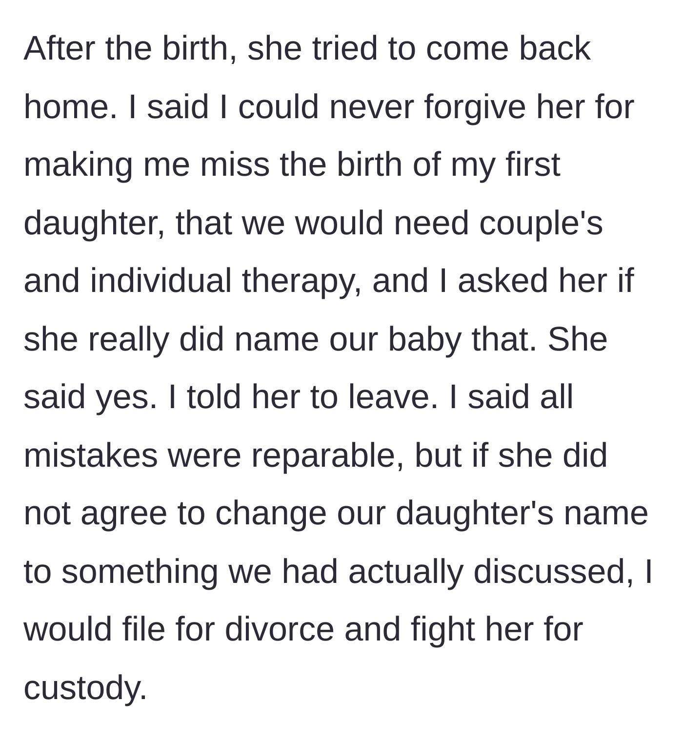 Story part 10 - Husband demanding therapy, a name change, or a divorce after the birth