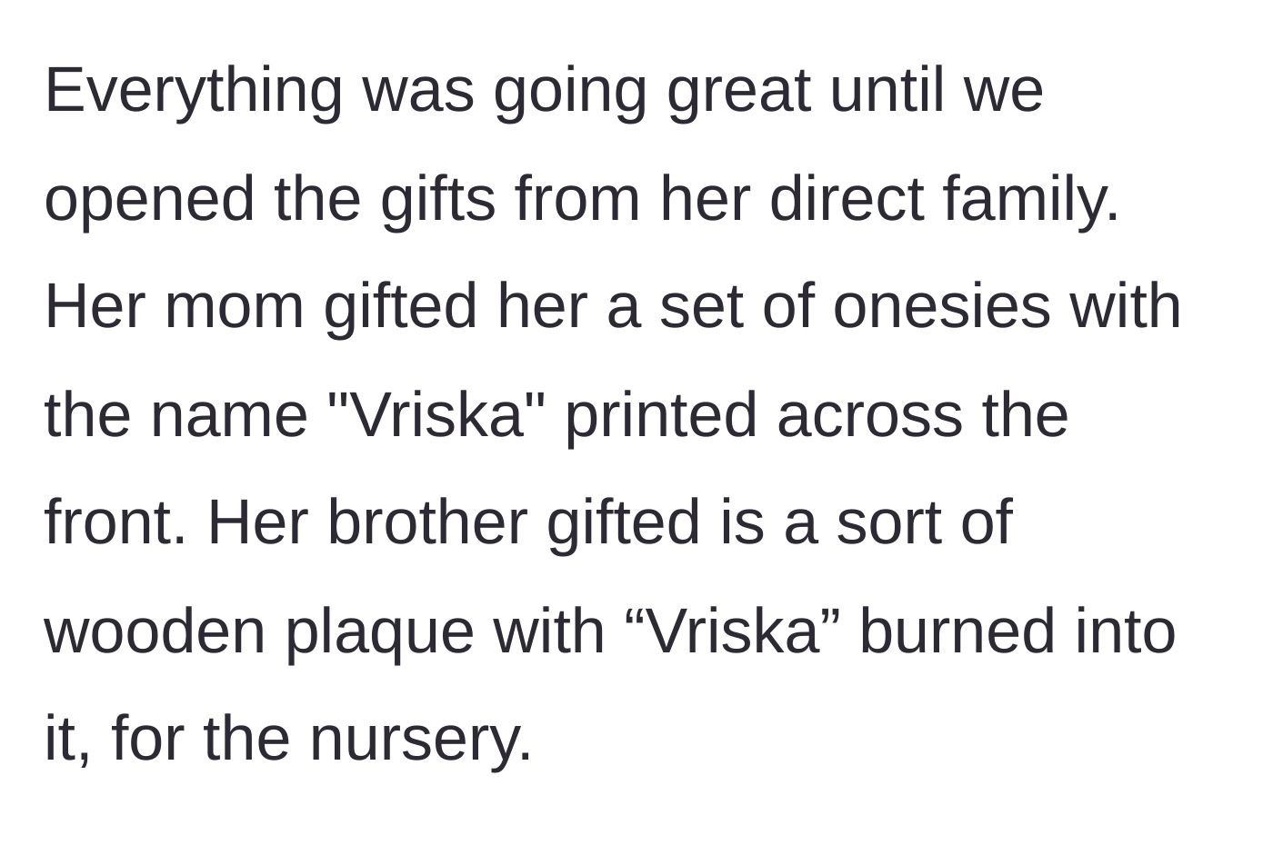 Story part 6 - In-laws gifting custom Vriska baby items at the shower