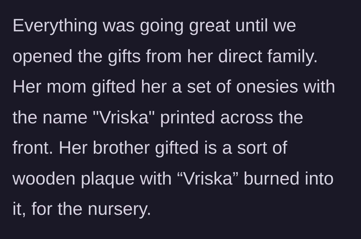 Story part 6 - In-laws gifting custom Vriska baby items at the shower