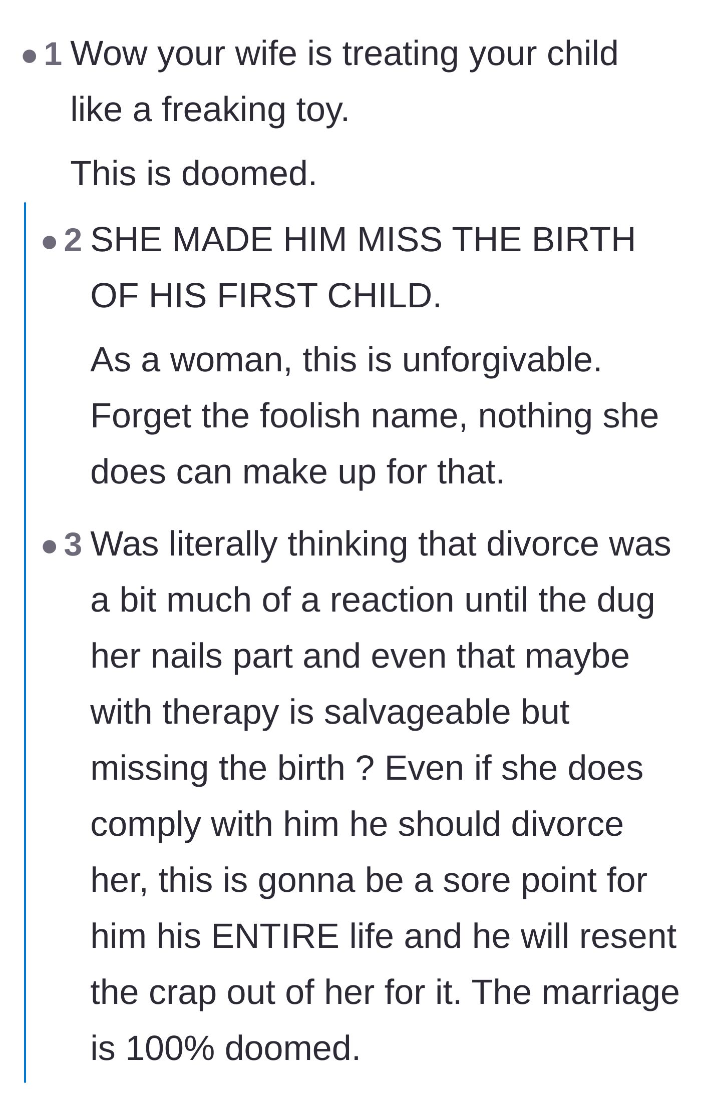 Comment thread 1 - Readers expressing heartbreak over the husband missing his child's birth and the wife's extreme selfishness.