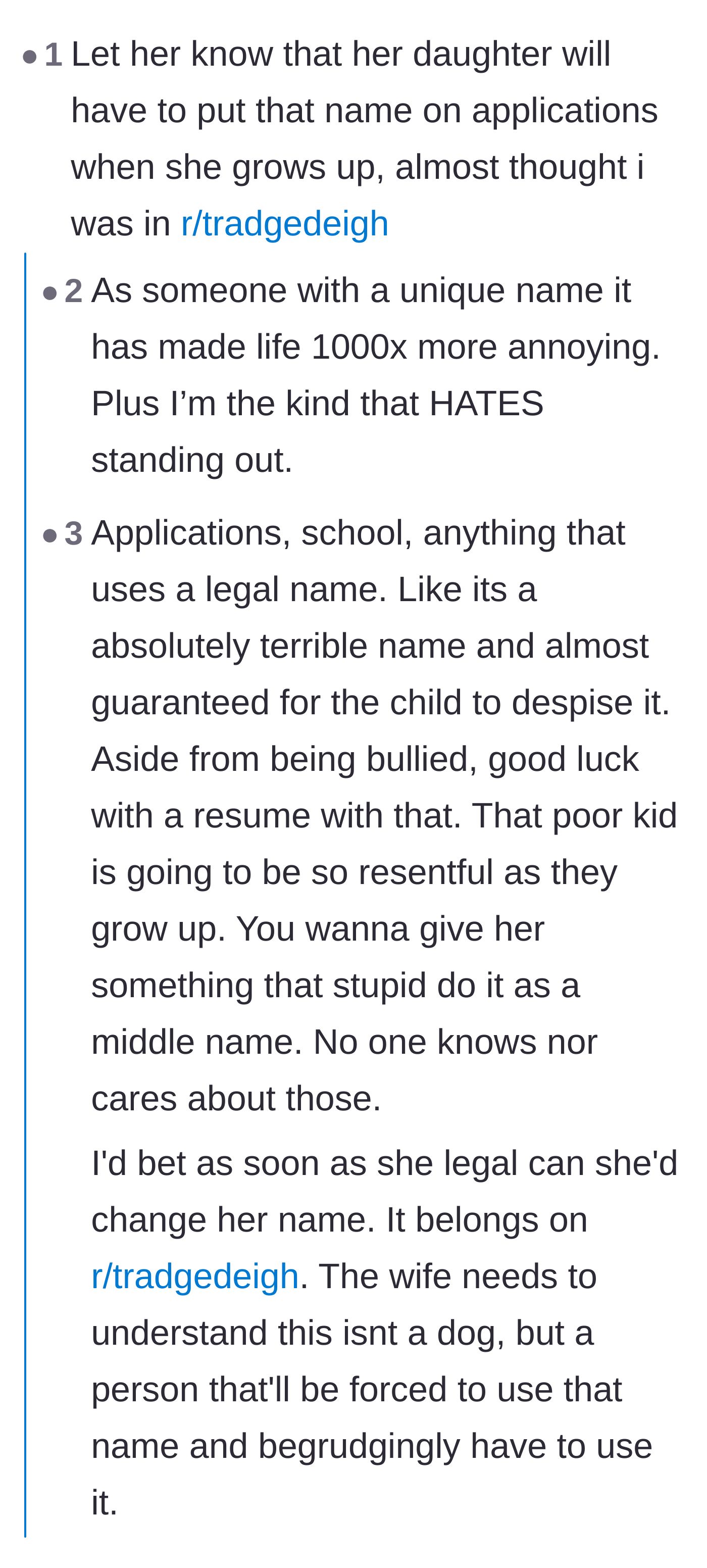 Comment thread 2 - Discussion about the lifelong burden the baby will face having to use a bizarre name on future applications.