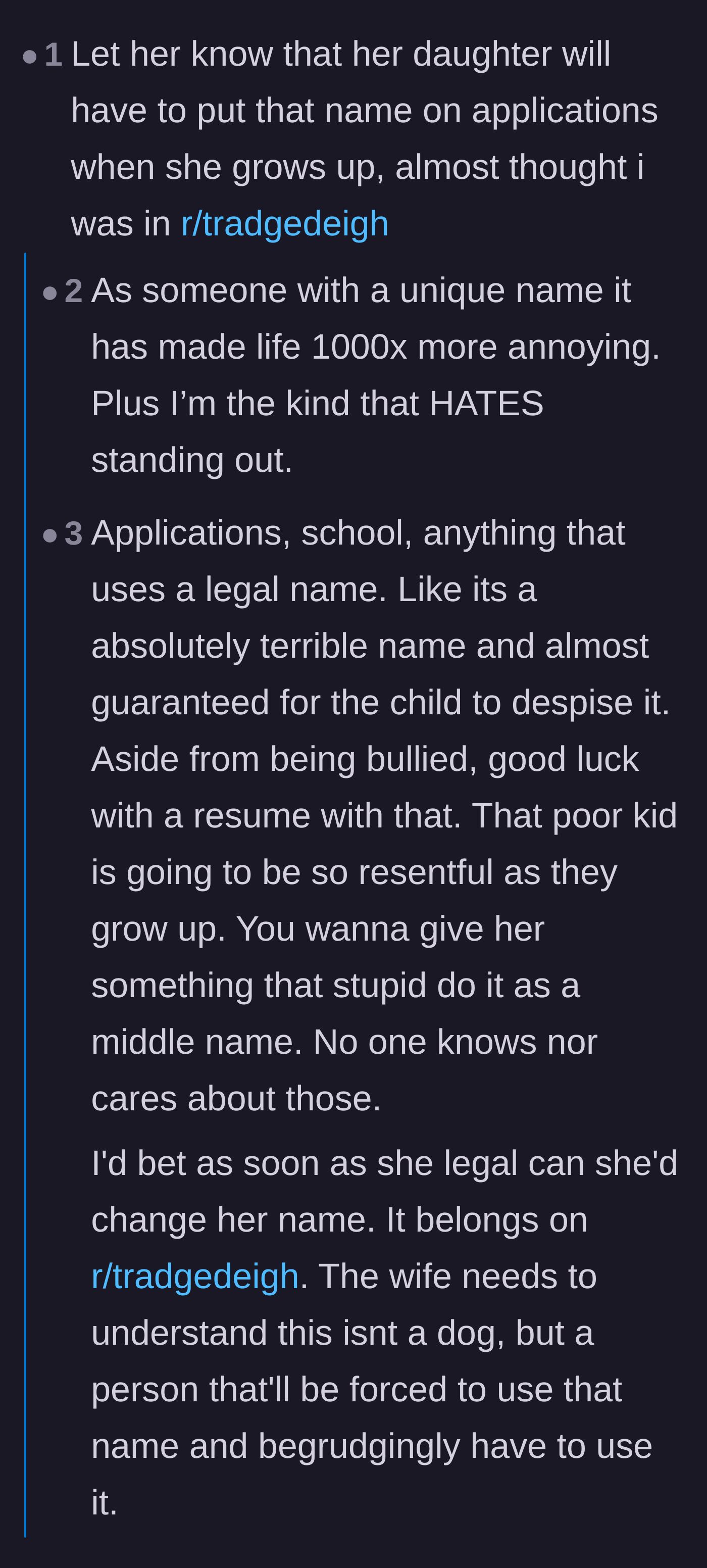 Comment thread 2 - Discussion about the lifelong burden the baby will face having to use a bizarre name on future applications.