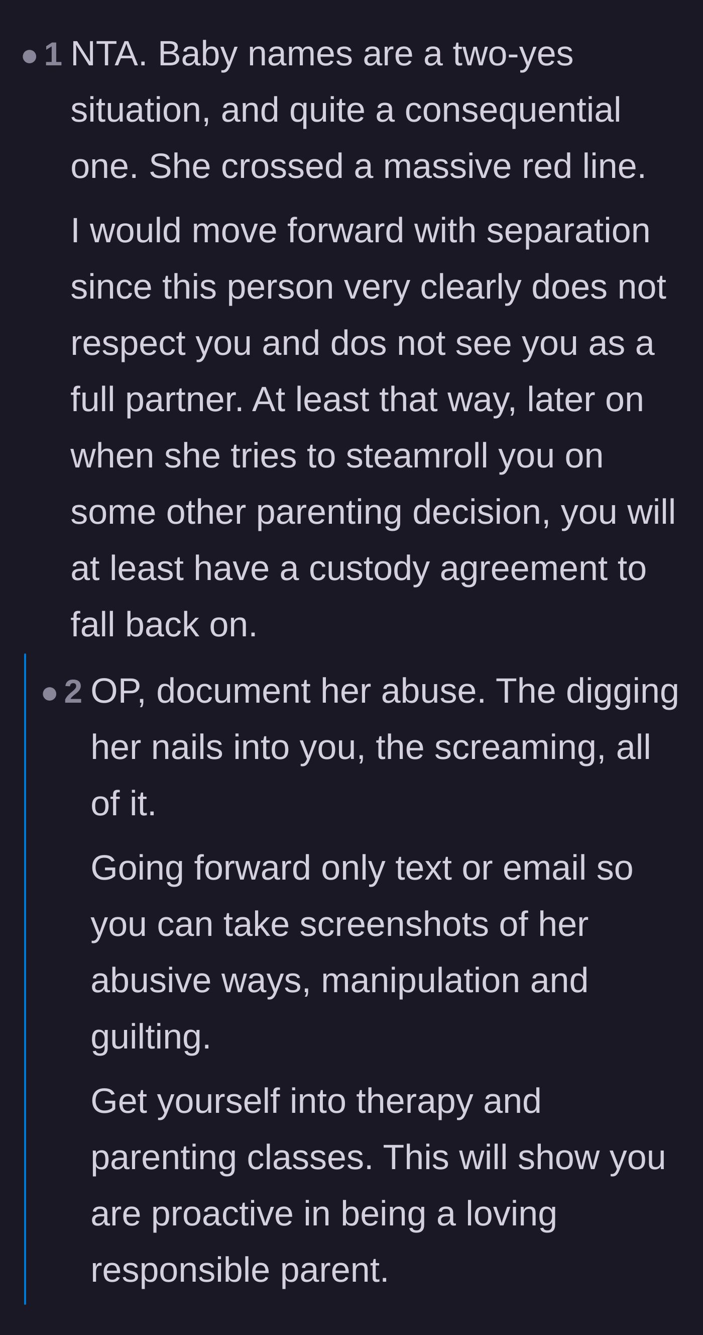 Comment thread 4 - Legal advice urging the husband to document the physical abuse and secure his custody rights immediately.