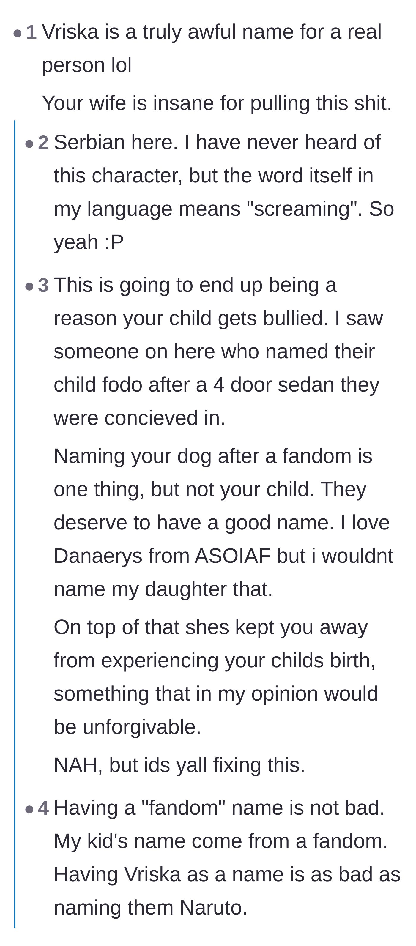 Comment thread 6 - Criticism of how awful the name is in the real world, noting it even translates to 'screaming' in Serbian.