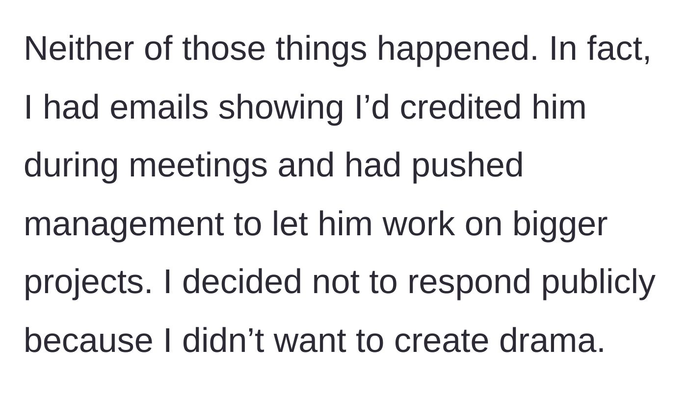Story part 3 - Mentor explaining they had email proof they credited the intern, but chose to take the high road and ignore the drama.
