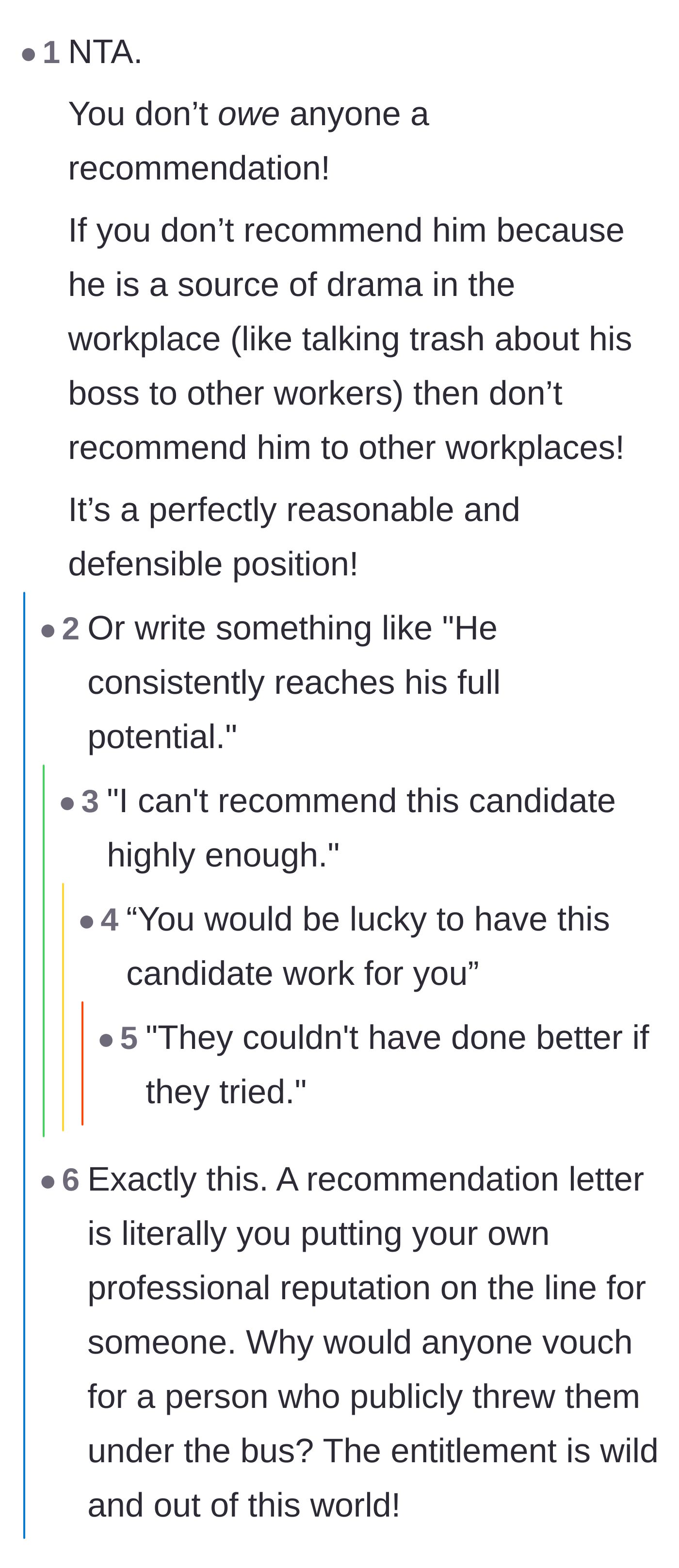 Comment thread 1 - Commenters sharing creatively passive-aggressive ways to write a technically true but terrible recommendation letter.