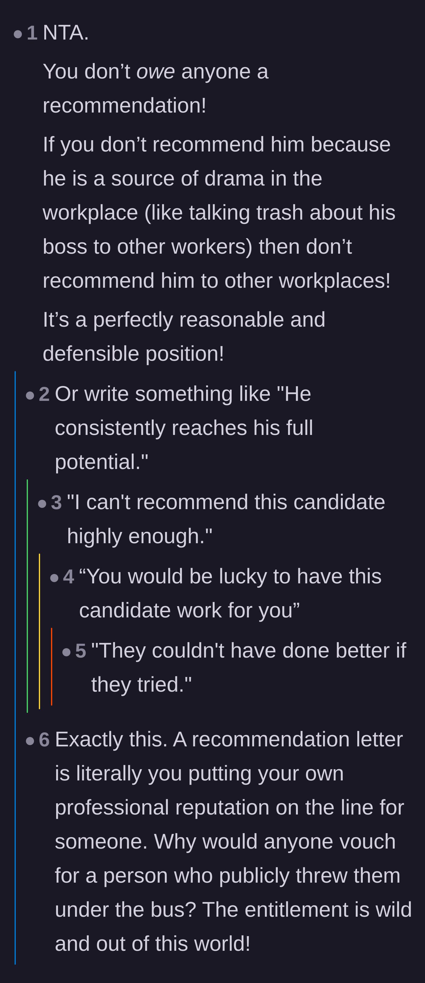 Comment thread 1 - Commenters sharing creatively passive-aggressive ways to write a technically true but terrible recommendation letter.