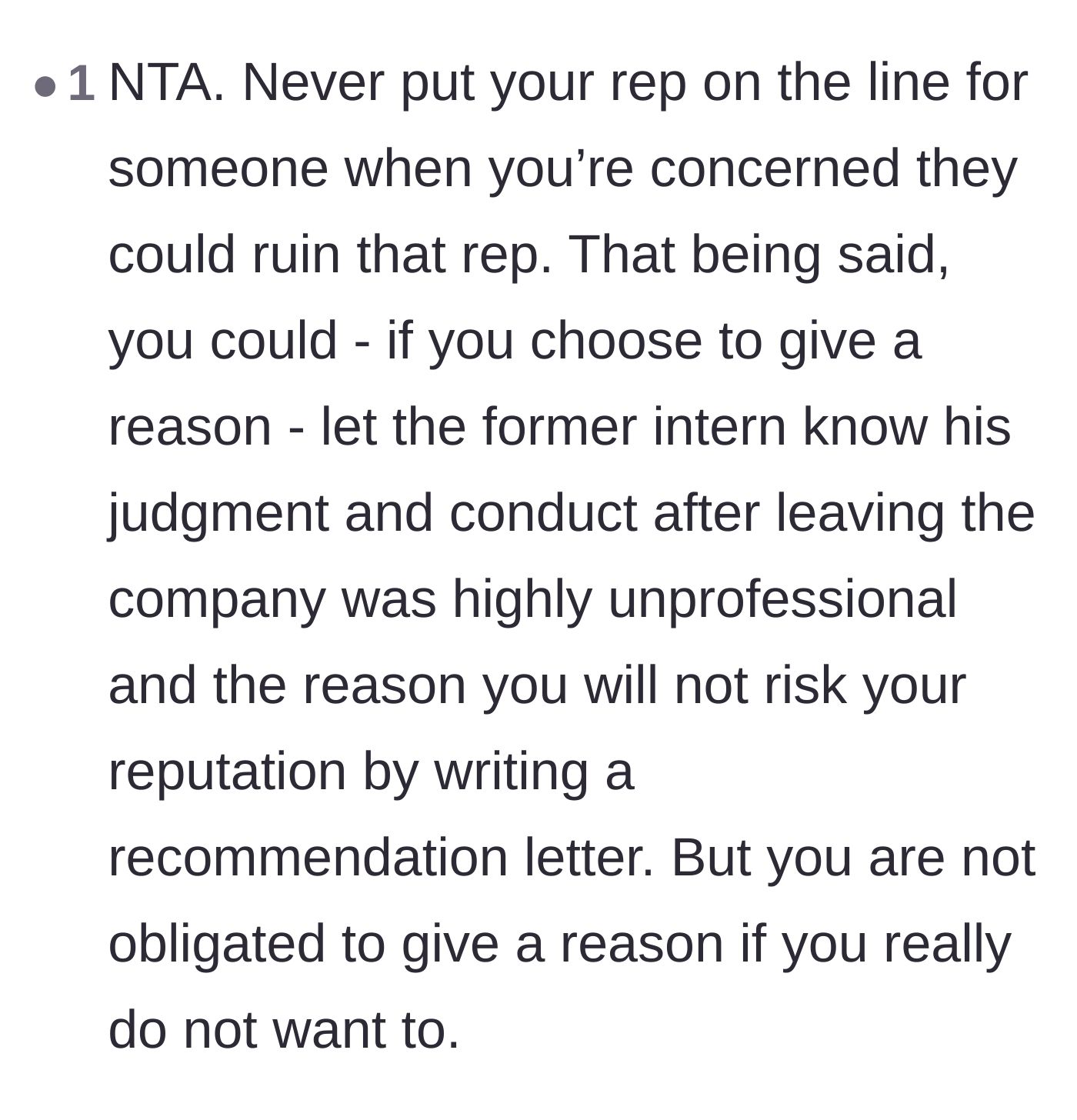 Comment thread 4 - Advice on how to formally tell the intern that their past unprofessional behavior is the exact reason for the refusal.