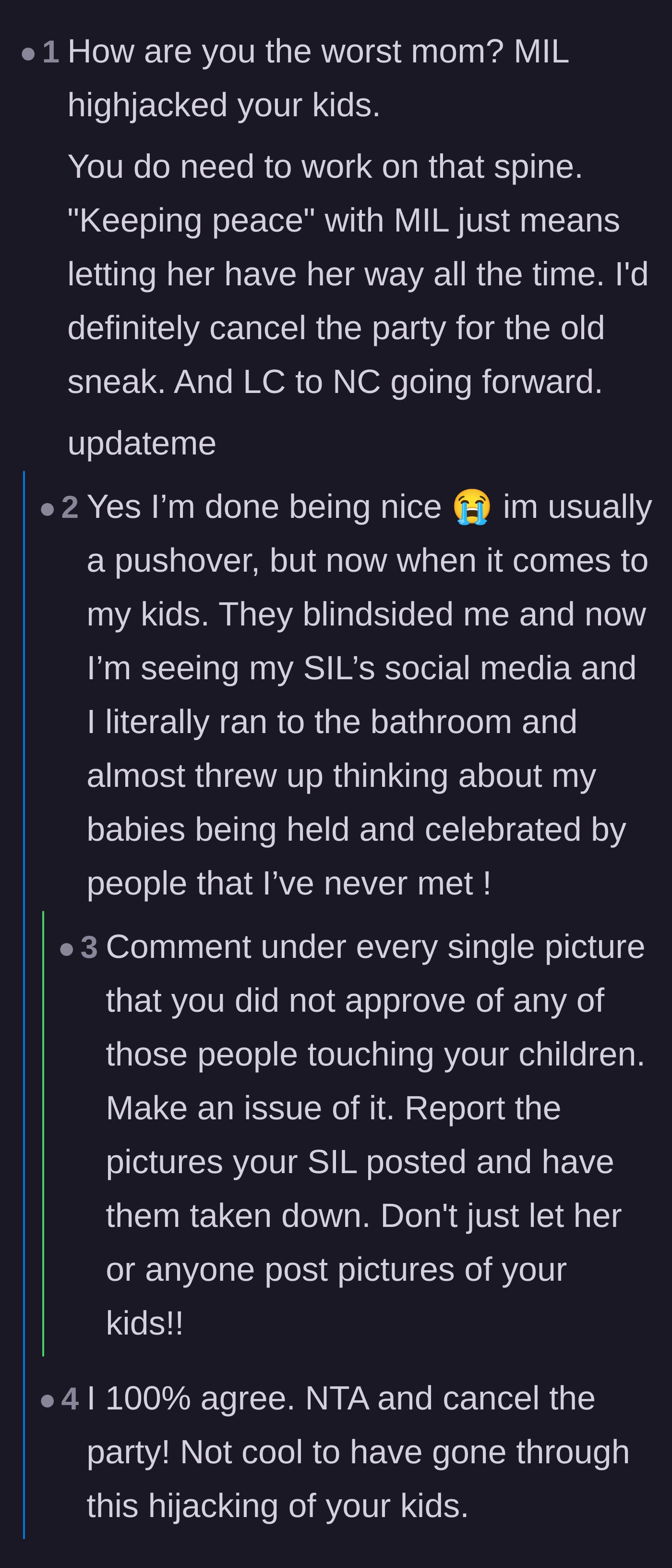 Comment thread 1 - Readers advising the mother to report the unauthorized photos online and enforce a strict one-year ban on her mother-in-law.