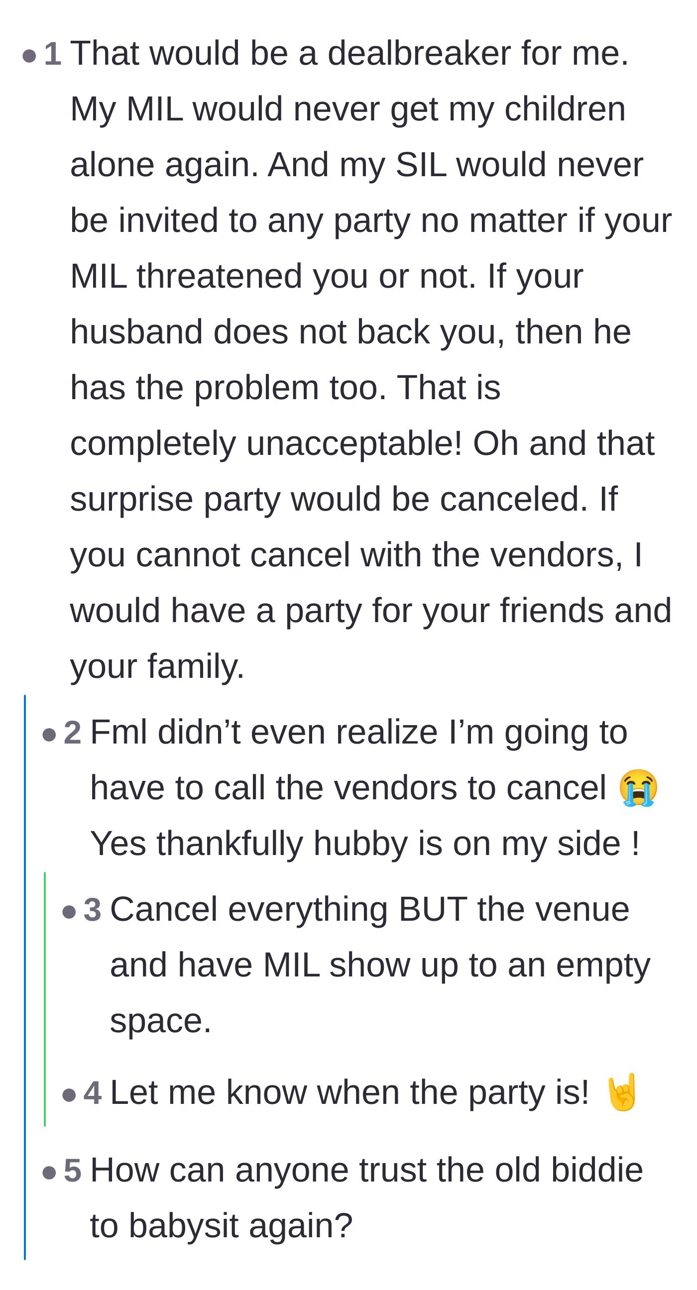 Comment thread 2 - Commenters suggesting the mother formally cancel the surprise party or repurpose the venue just to teach her in-laws a lesson.