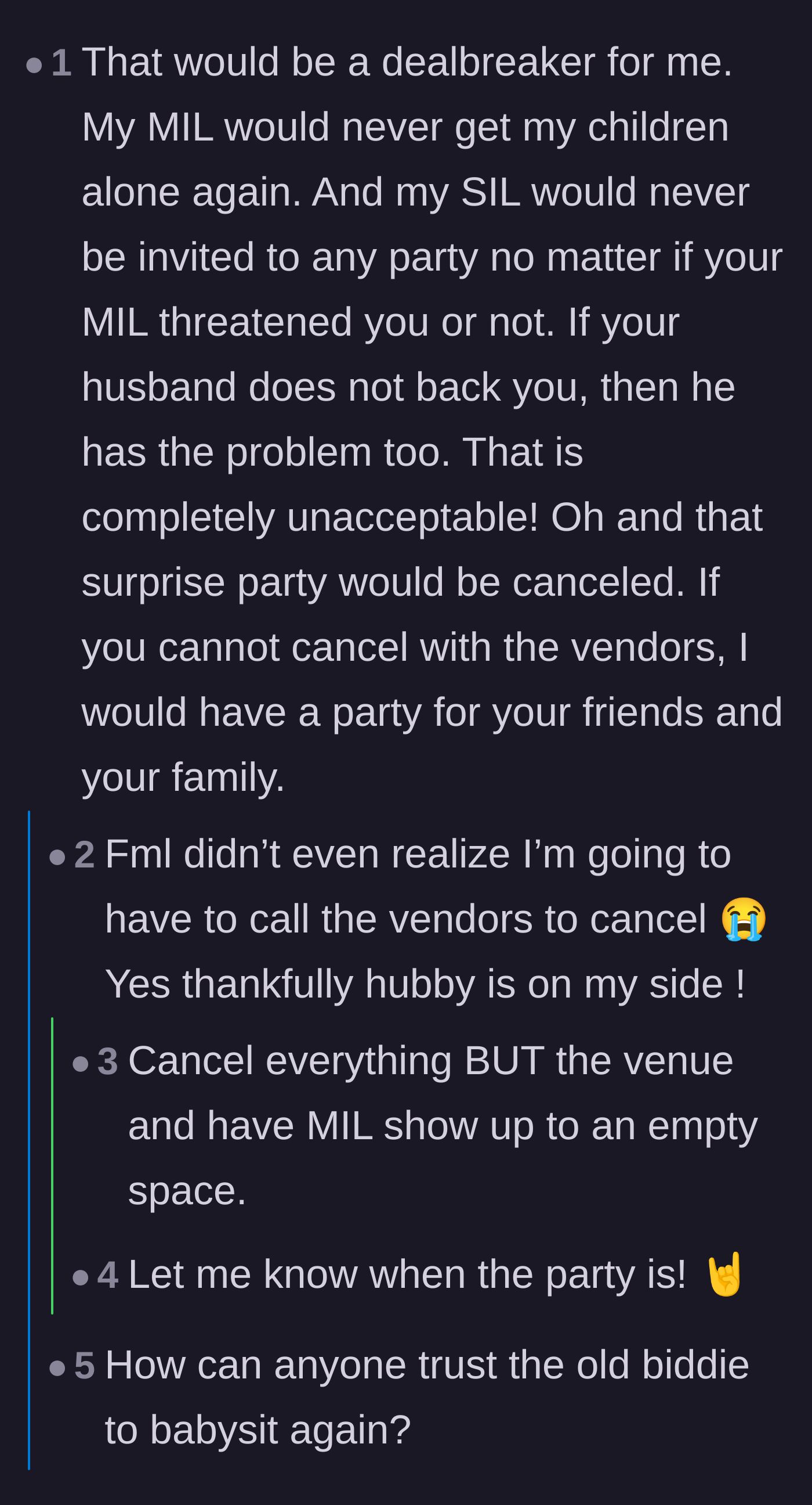 Comment thread 2 - Commenters suggesting the mother formally cancel the surprise party or repurpose the venue just to teach her in-laws a lesson.