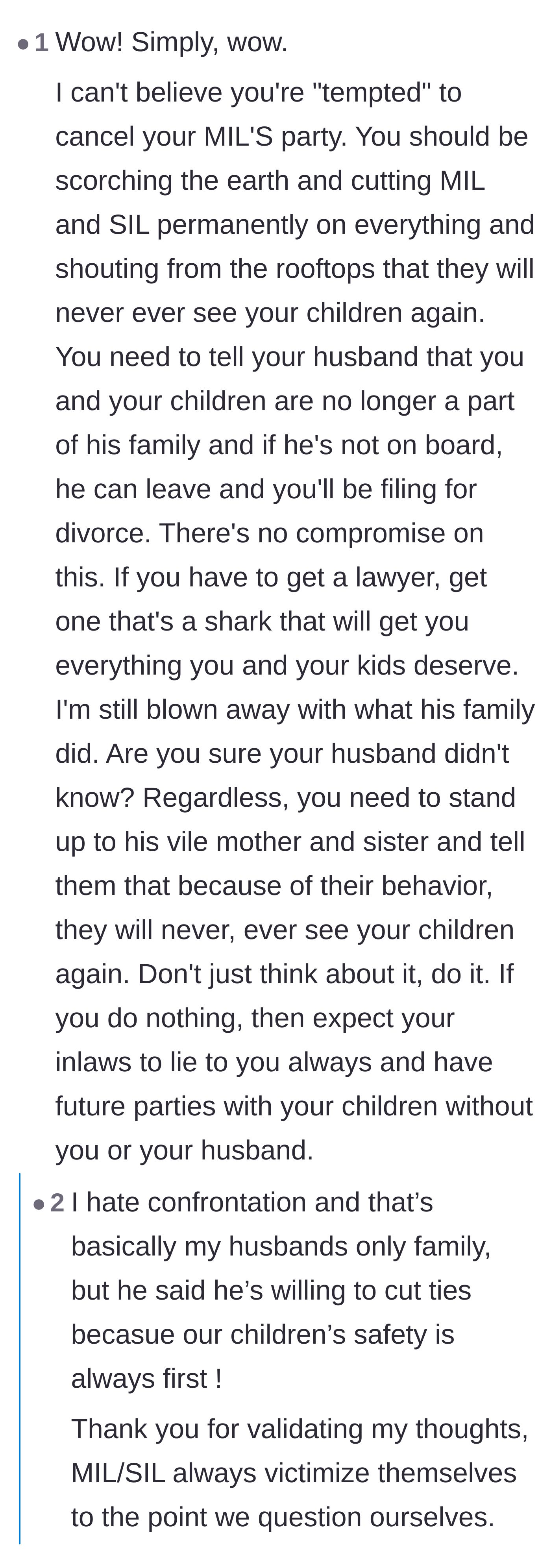 Comment thread 4 - A fiery thread urging the mother to embrace her inner mama bear and completely cut off her toxic in-laws without feeling guilty.