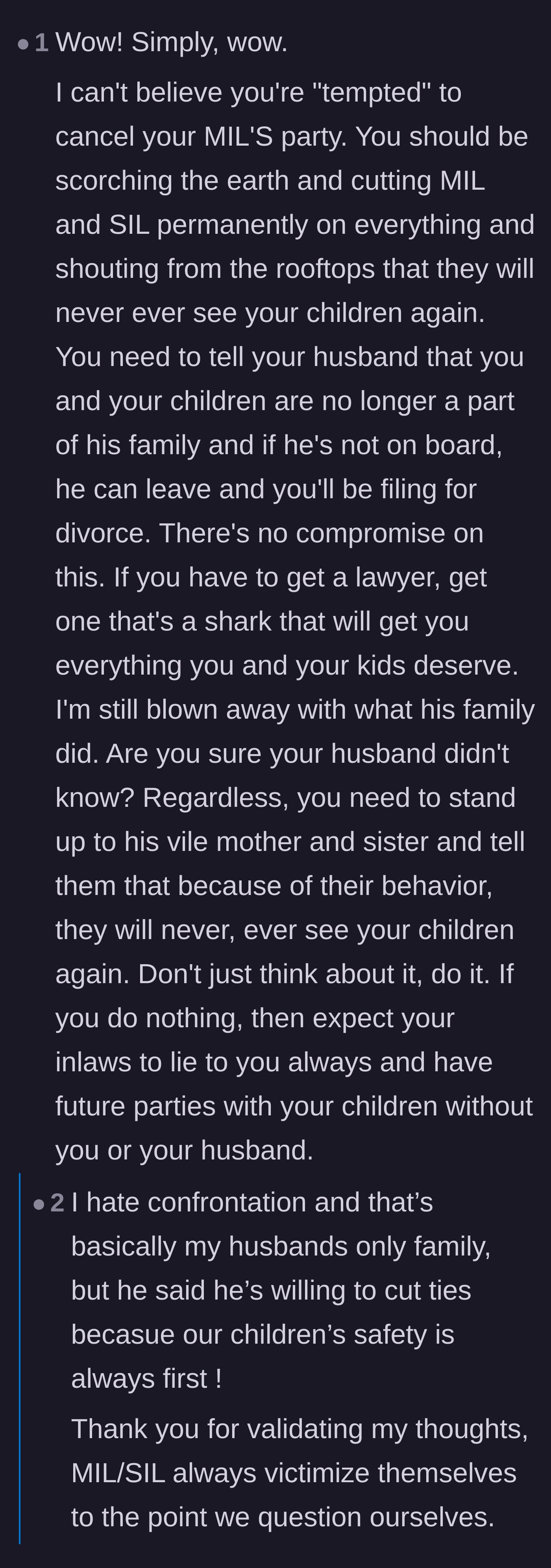 Comment thread 4 - A fiery thread urging the mother to embrace her inner mama bear and completely cut off her toxic in-laws without feeling guilty.