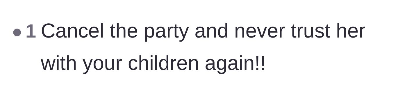 Comment thread 5 - A short, highly upvoted comment telling the mother to cancel the party and revoke all future babysitting privileges.