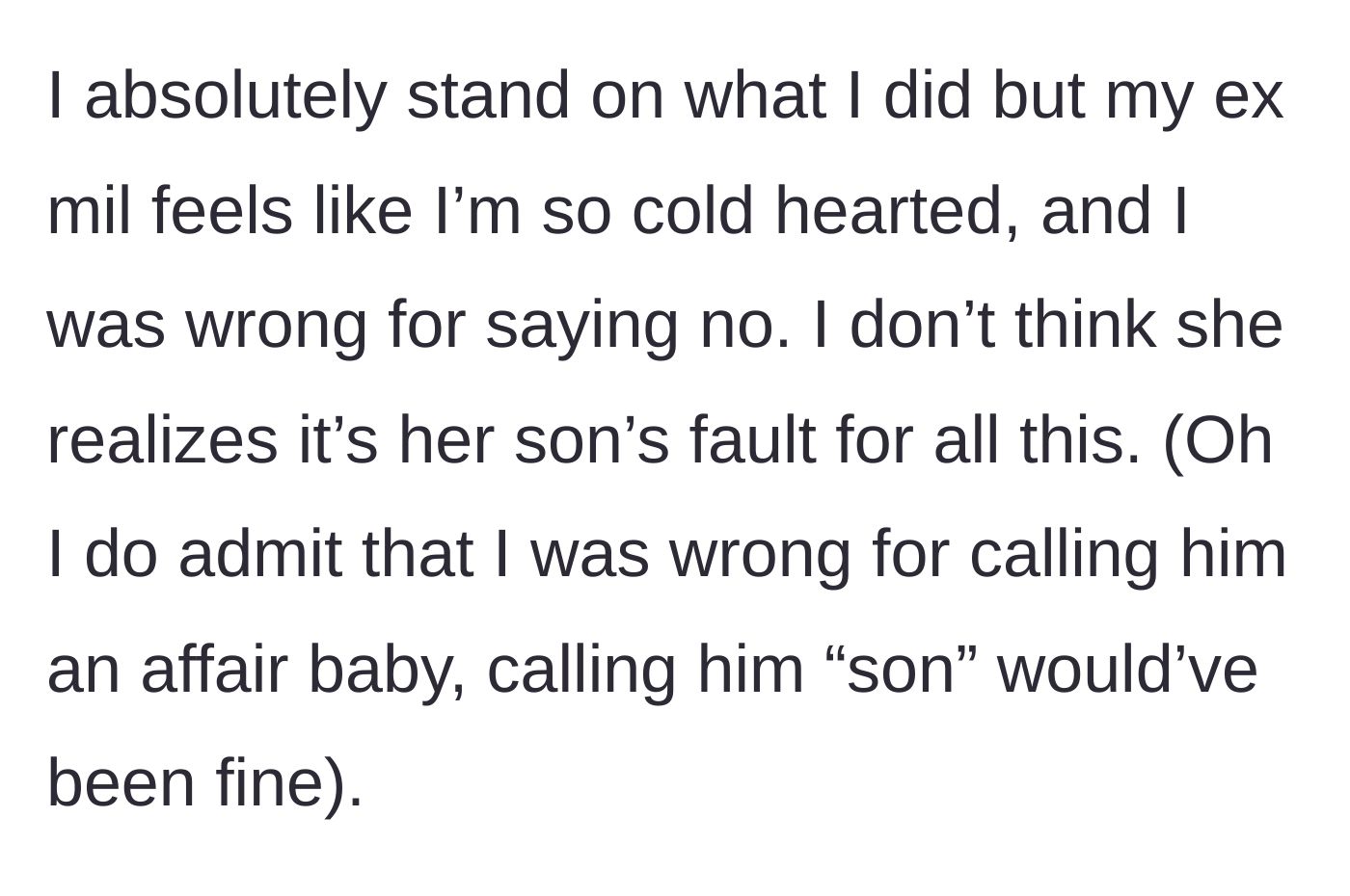 Story part 1 - A pensive woman reflecting on an argument with her former mother-in-law, realizing she let her anger slip.