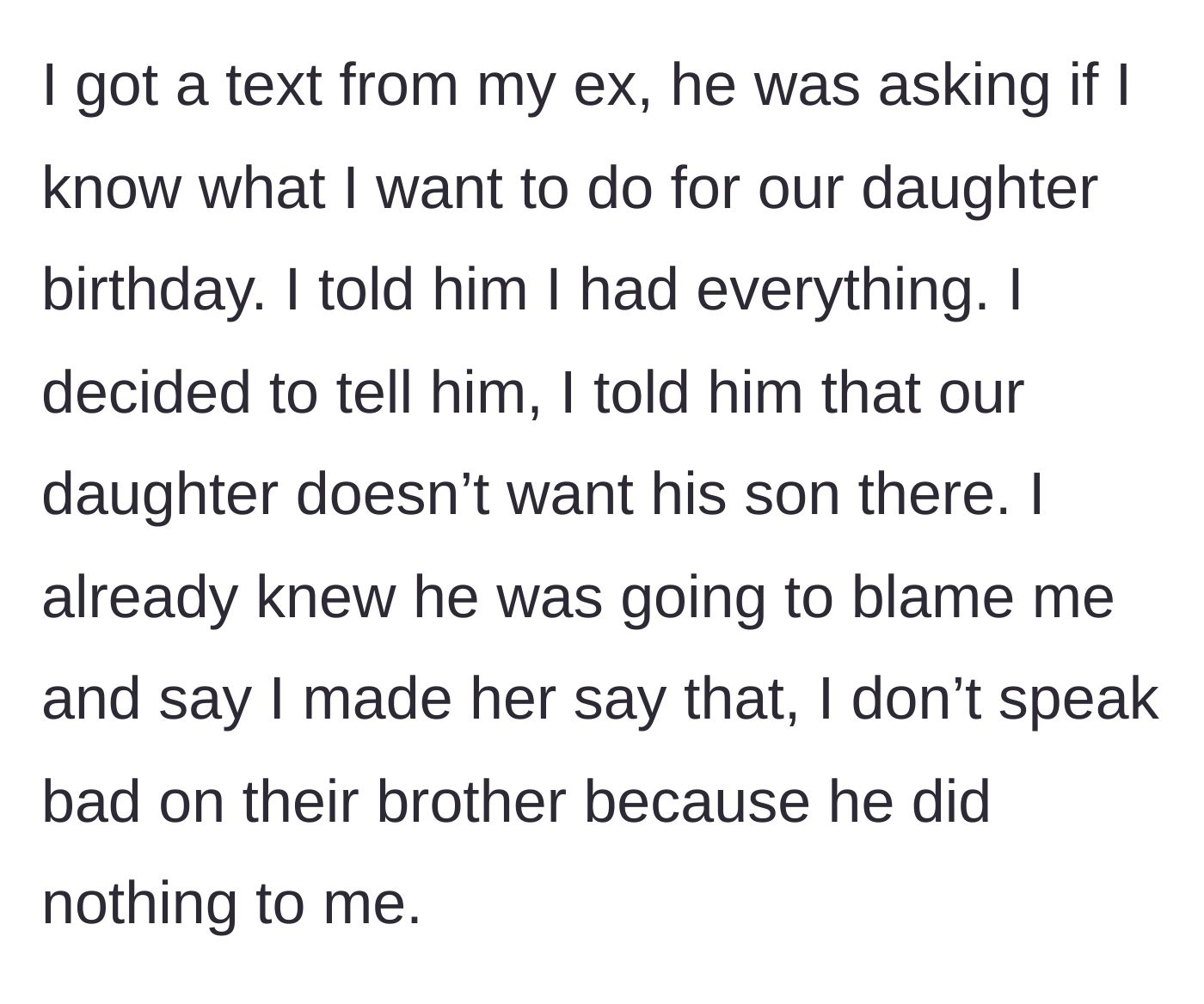 Story part 7 - A stressful text message exchange between co-parents about a delicate family boundary.