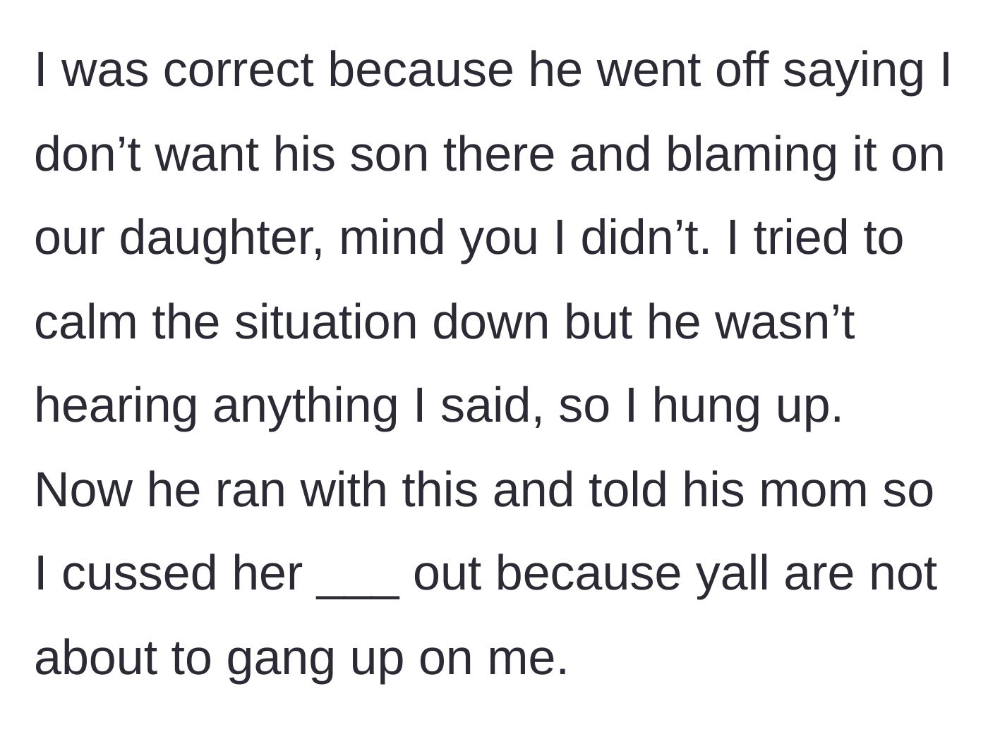 Story part 8 - A frustrated woman ending a phone call and standing her ground defensively against her former family.