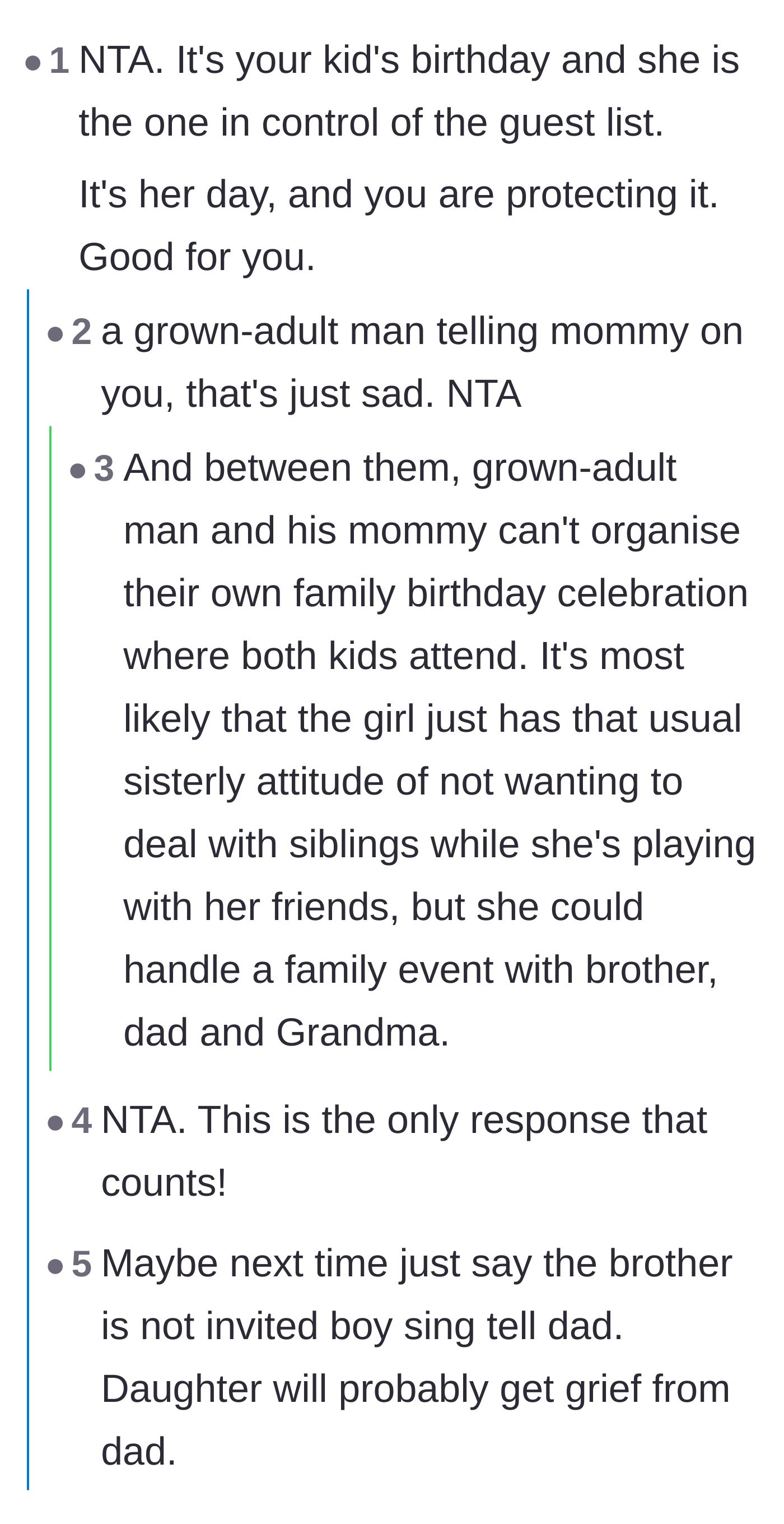 Comment thread 1 - Readers validating the mother's choice to let her daughter dictate the guest list and criticizing the ex-husband for complaining to his mother.