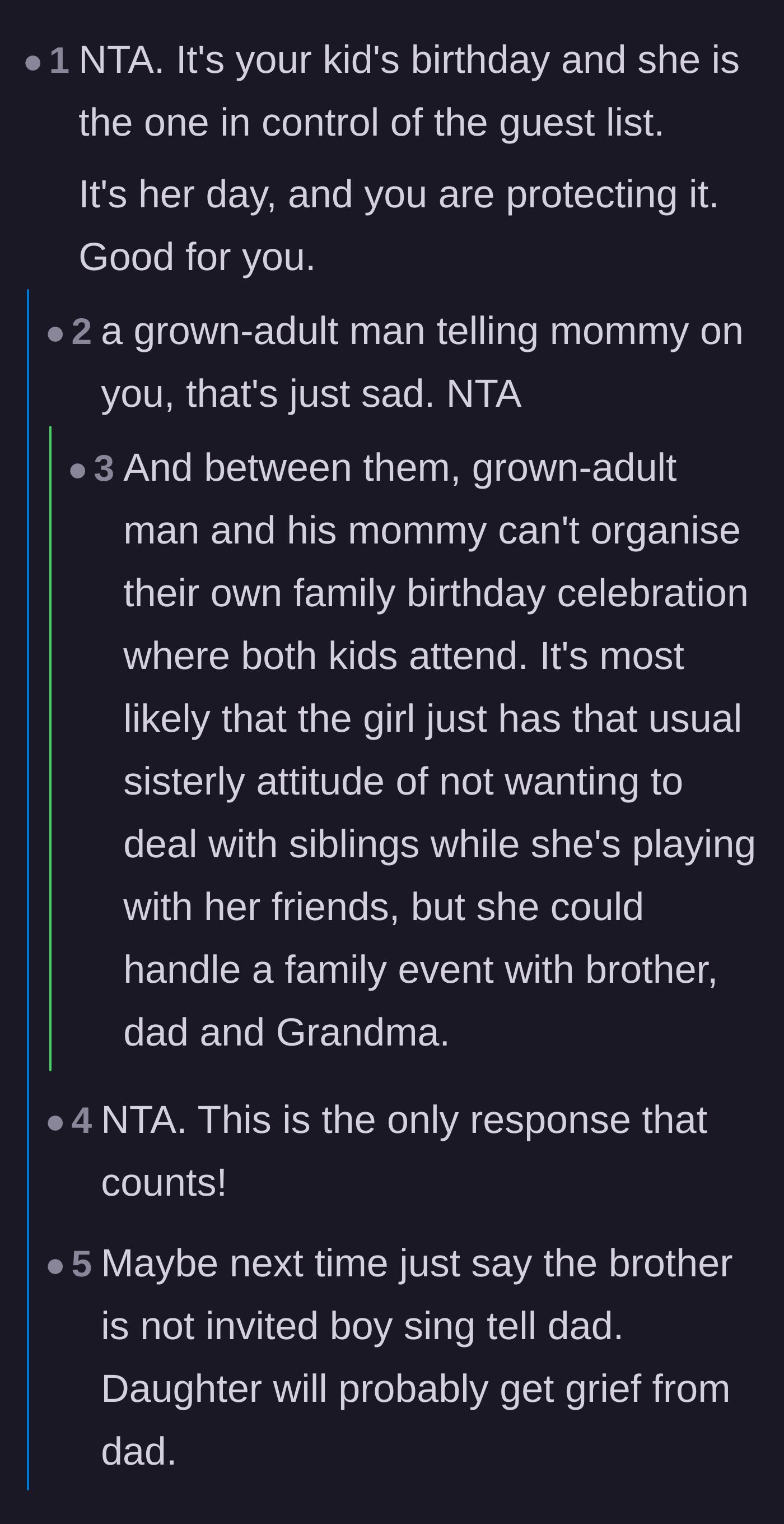 Comment thread 1 - Readers validating the mother's choice to let her daughter dictate the guest list and criticizing the ex-husband for complaining to his mother.