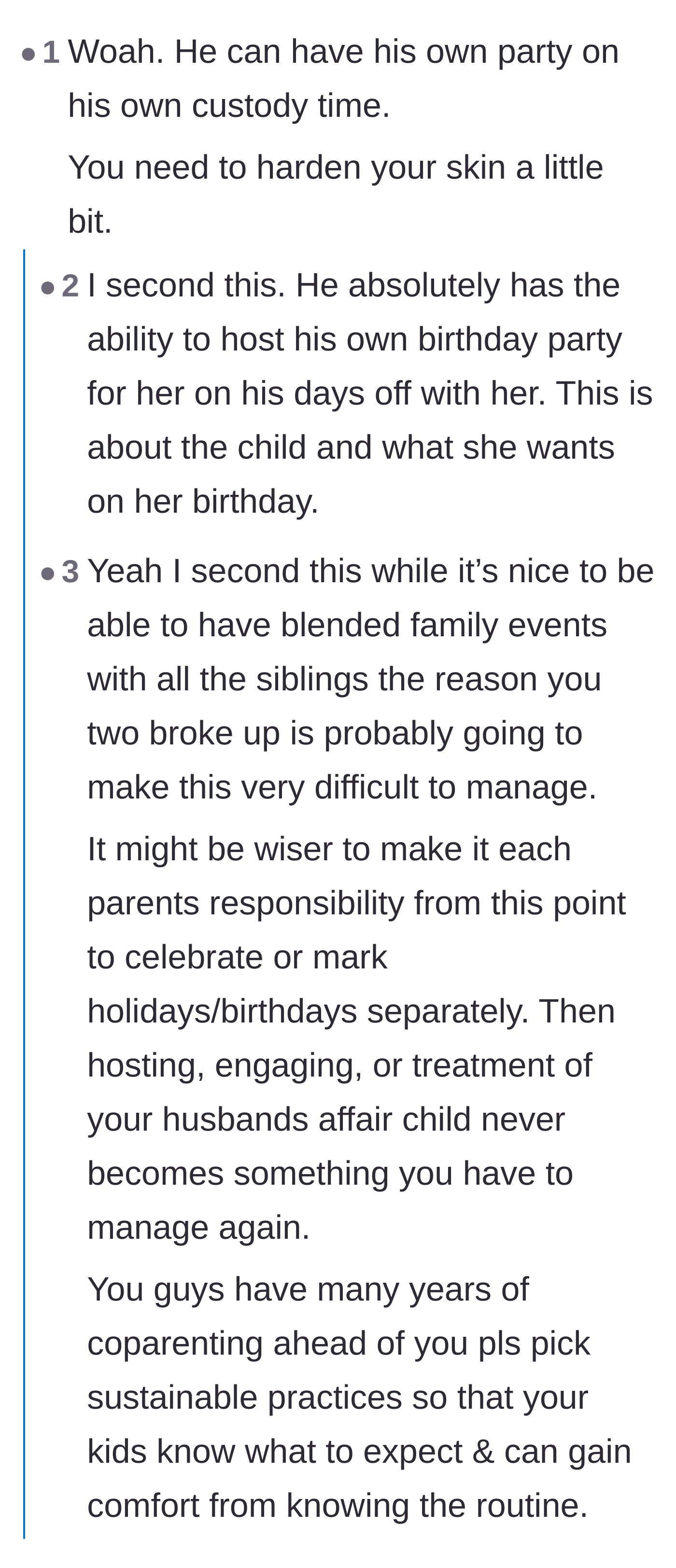 Comment thread 2 - Advice suggesting the parents should host separate birthday parties to maintain sustainable co-parenting boundaries.