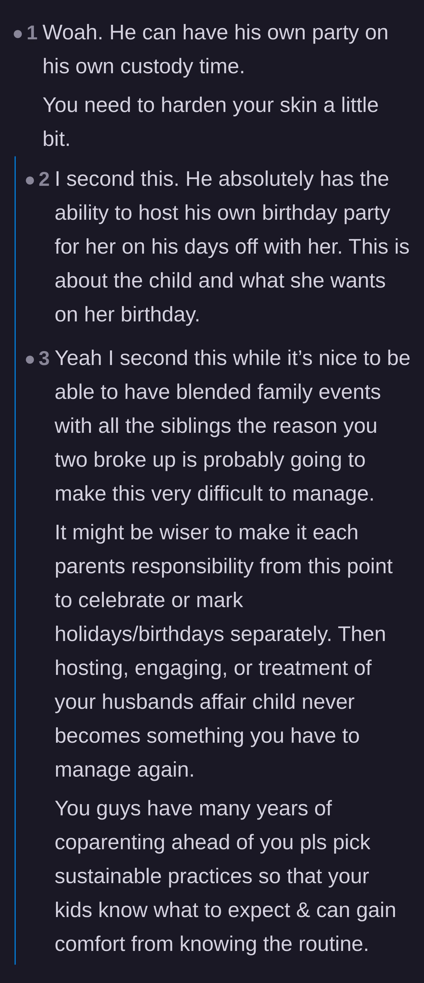 Comment thread 2 - Advice suggesting the parents should host separate birthday parties to maintain sustainable co-parenting boundaries.