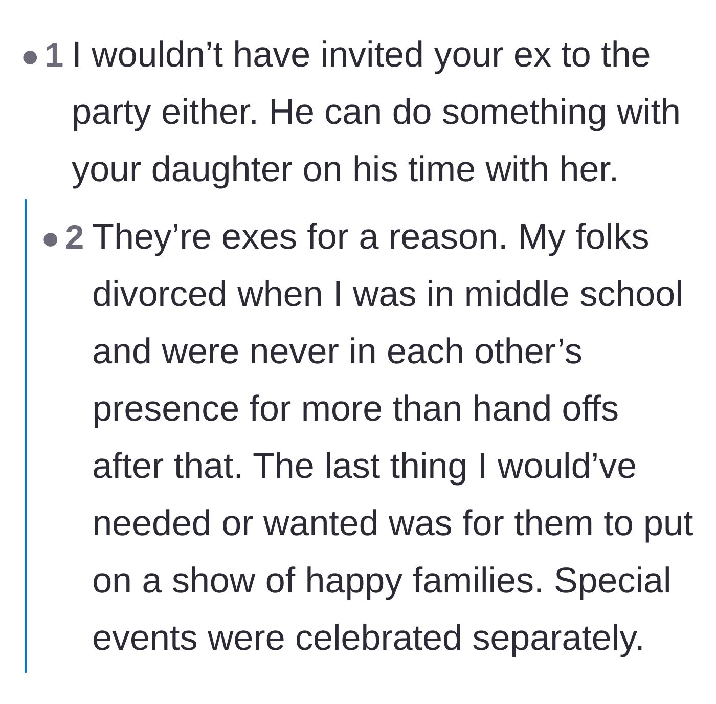 Comment thread 3 - A discussion on how children of divorce often prefer separate celebrations over forced, uncomfortable joint gatherings.