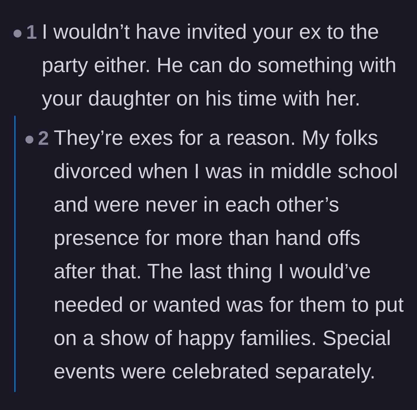 Comment thread 3 - A discussion on how children of divorce often prefer separate celebrations over forced, uncomfortable joint gatherings.