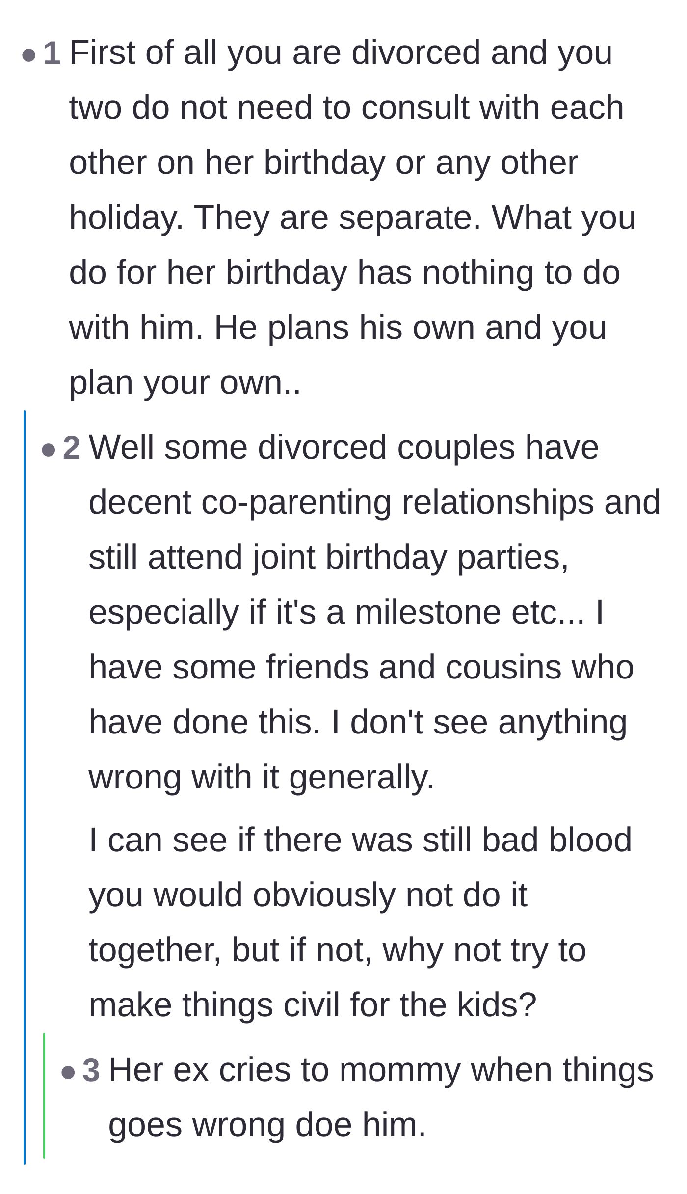 Comment thread 6 - A debate on whether divorced couples should attempt joint parties or keep holidays strictly separate.