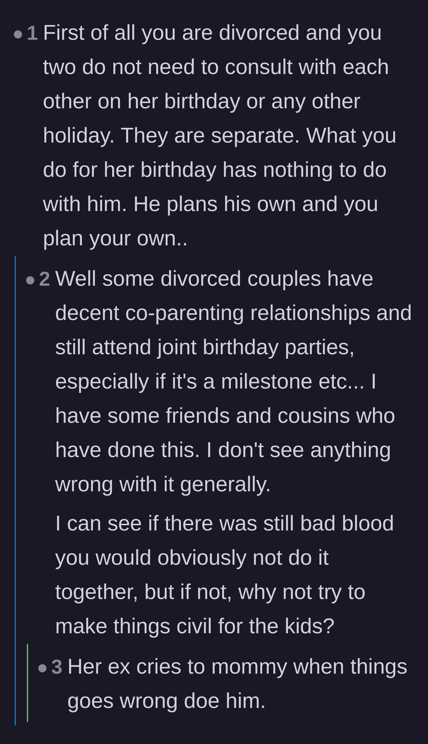 Comment thread 6 - A debate on whether divorced couples should attempt joint parties or keep holidays strictly separate.