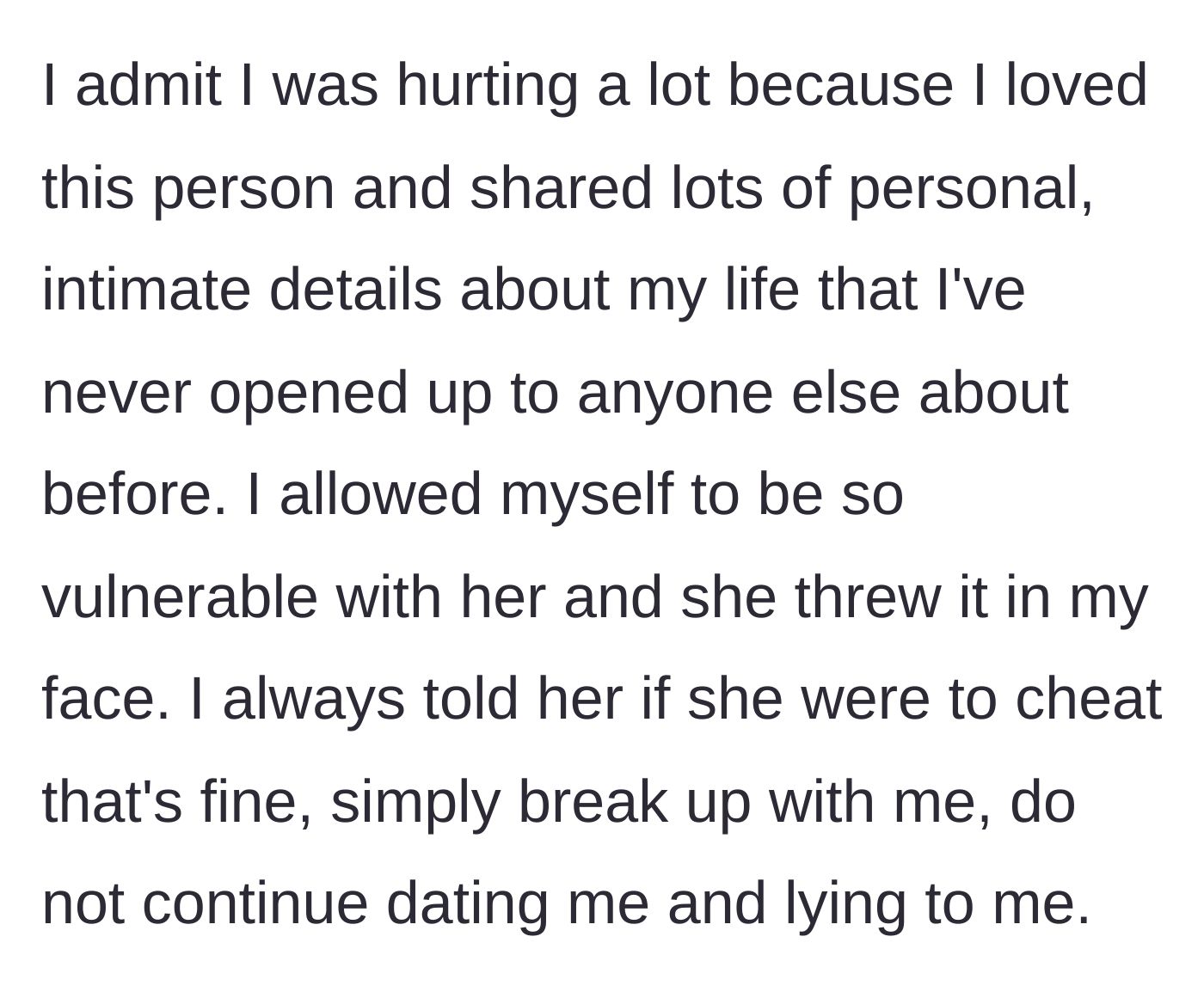 Story part 4 - The main character reflects on their vulnerability and the devastation of the broken trust.