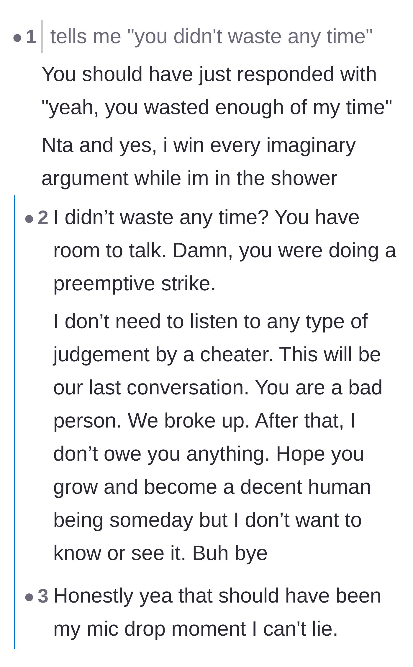 Comment thread 1 - Advice on how to shut down a gaslighting ex and the perfect missed comeback.