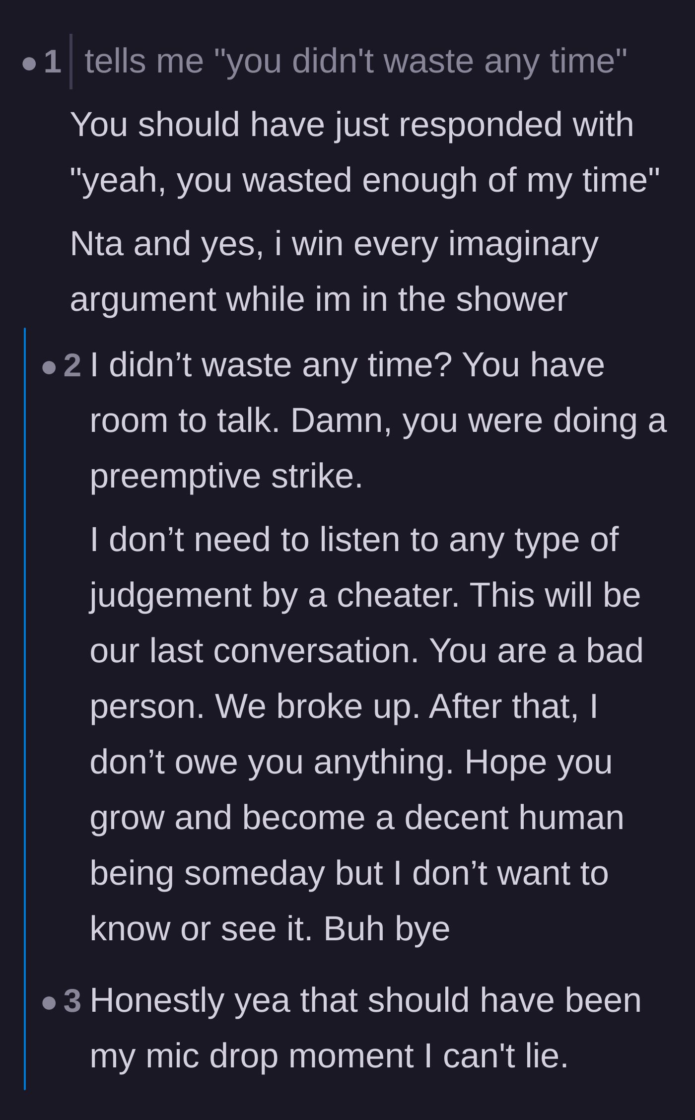 Comment thread 1 - Advice on how to shut down a gaslighting ex and the perfect missed comeback.