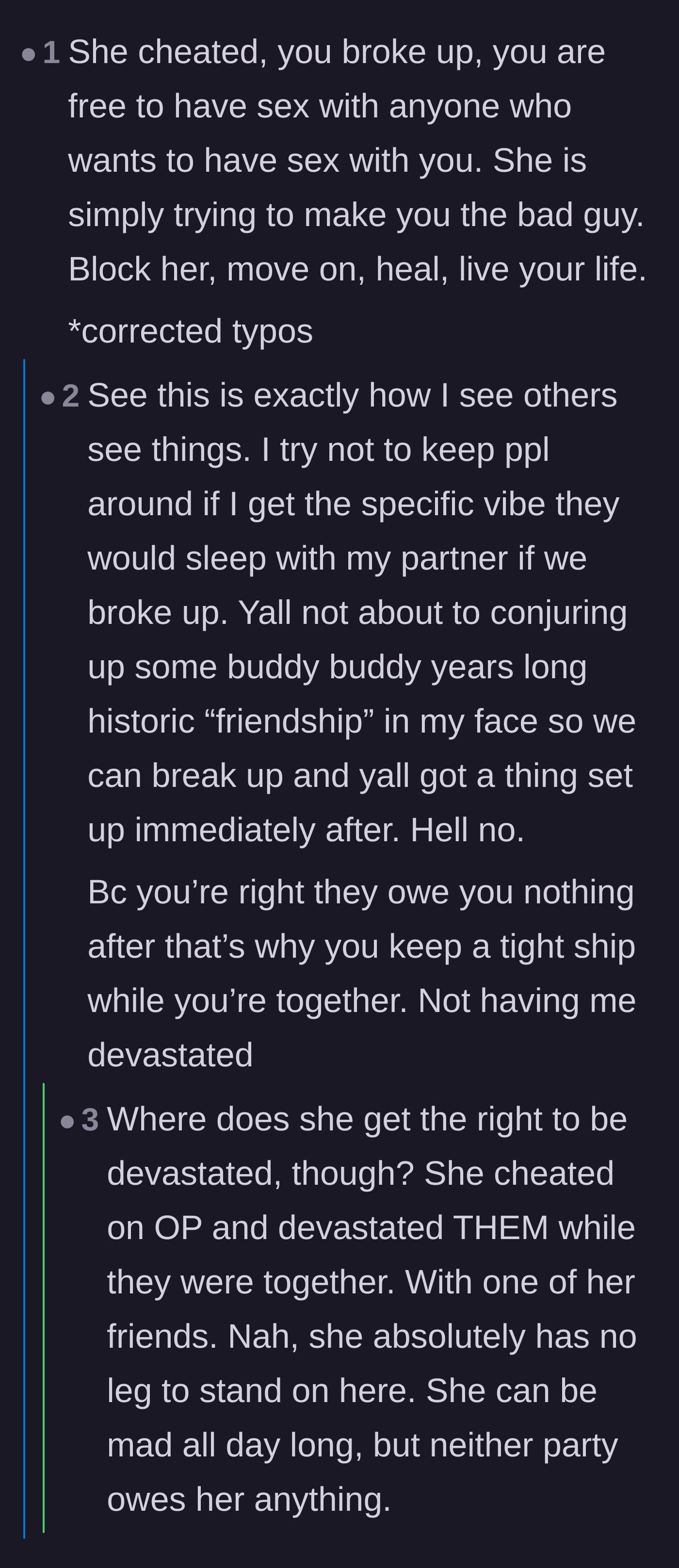 Comment thread 4 - Reassurance that being single means absolute freedom, and the ex's anger is unjustified.