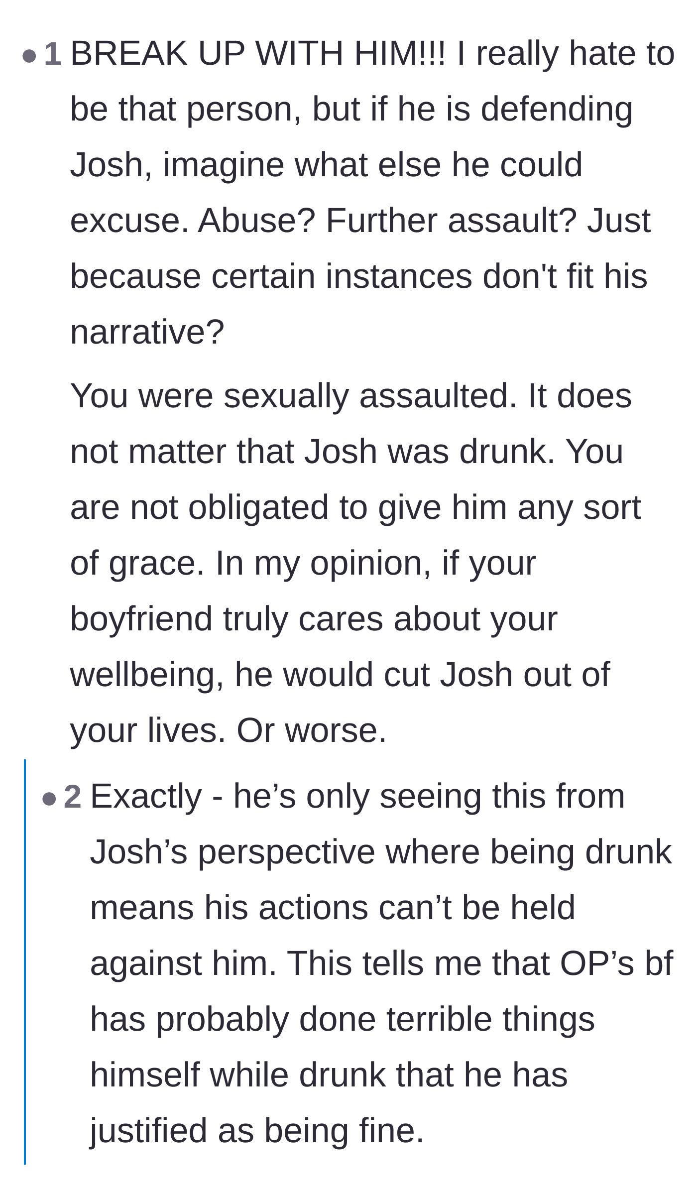 Comment thread 2 - Outrage over the boyfriend using alcohol as an excuse for his friend's predatory behavior.