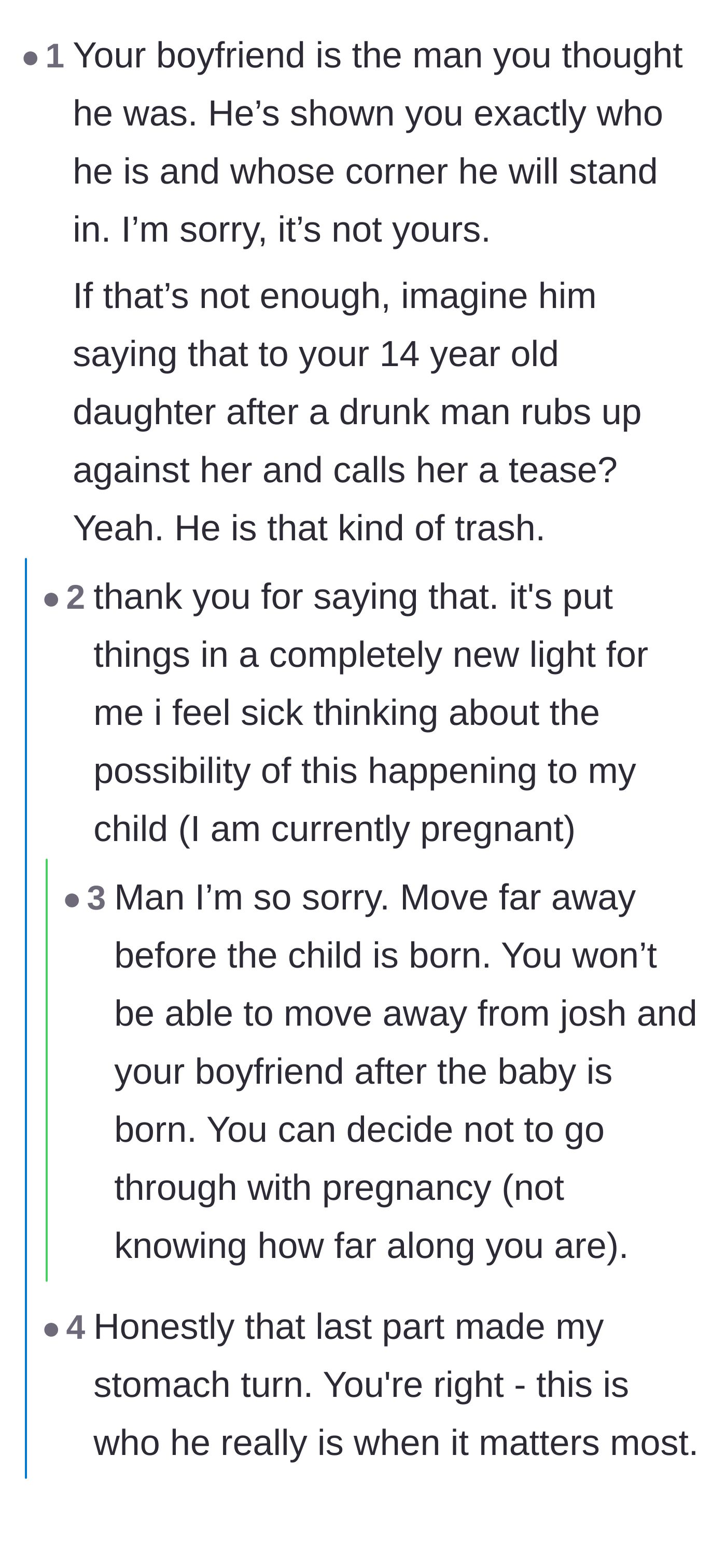 Comment thread 3 - A devastating realization where the main character reveals she is pregnant, prompting urgent advice to protect her unborn child.