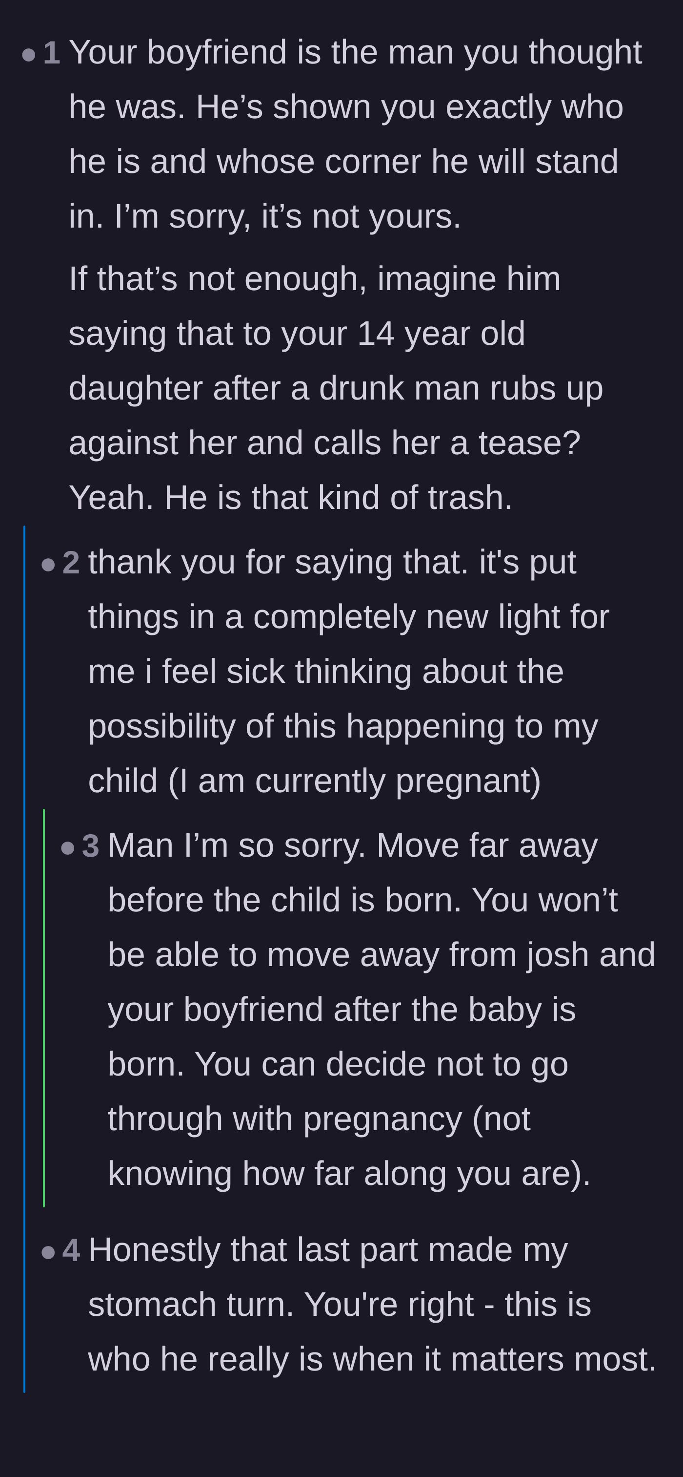 Comment thread 3 - A devastating realization where the main character reveals she is pregnant, prompting urgent advice to protect her unborn child.