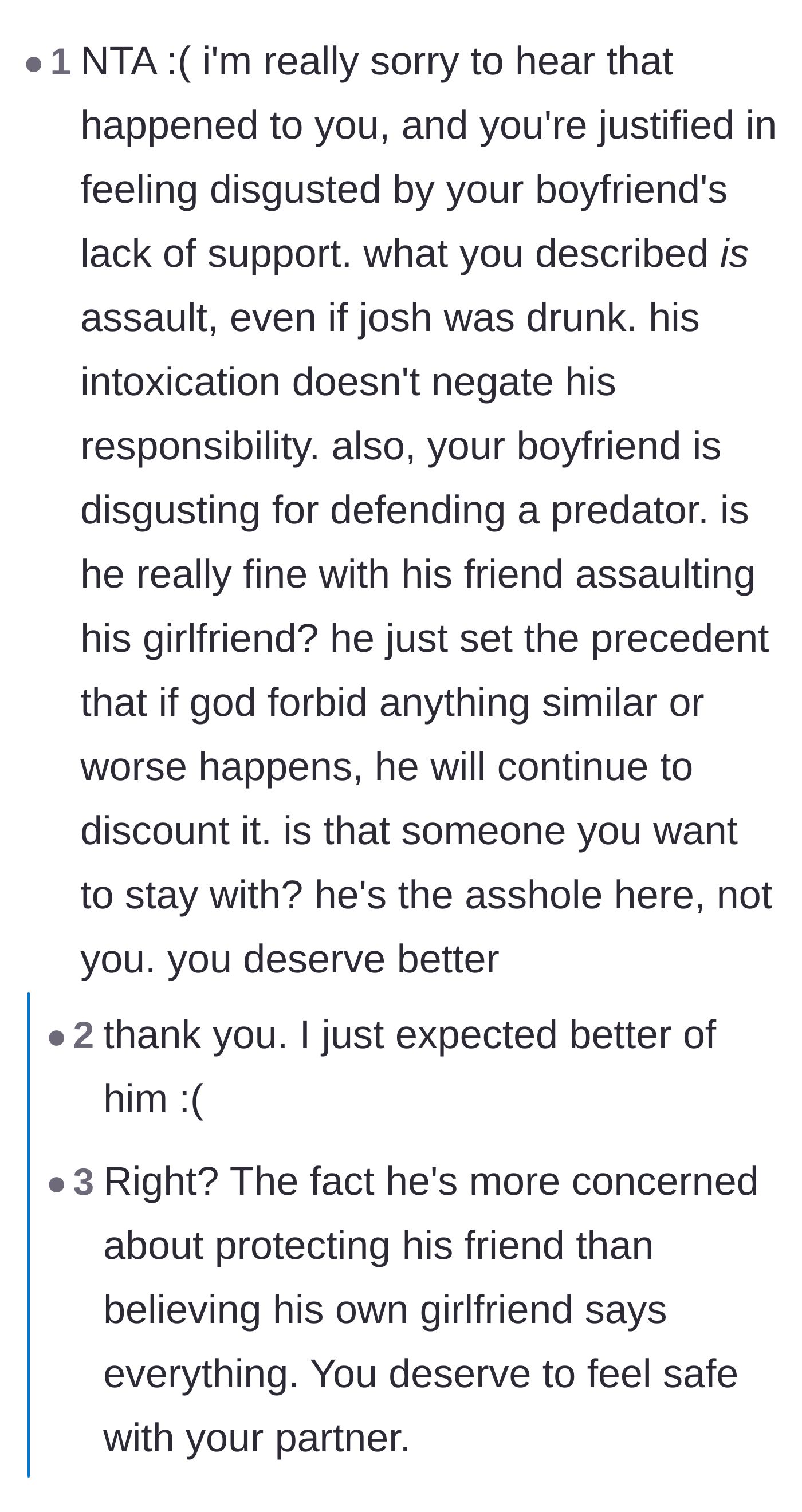 Comment thread 5 - Support for the main character's grief over her partner's true colors and advice to file a police report.