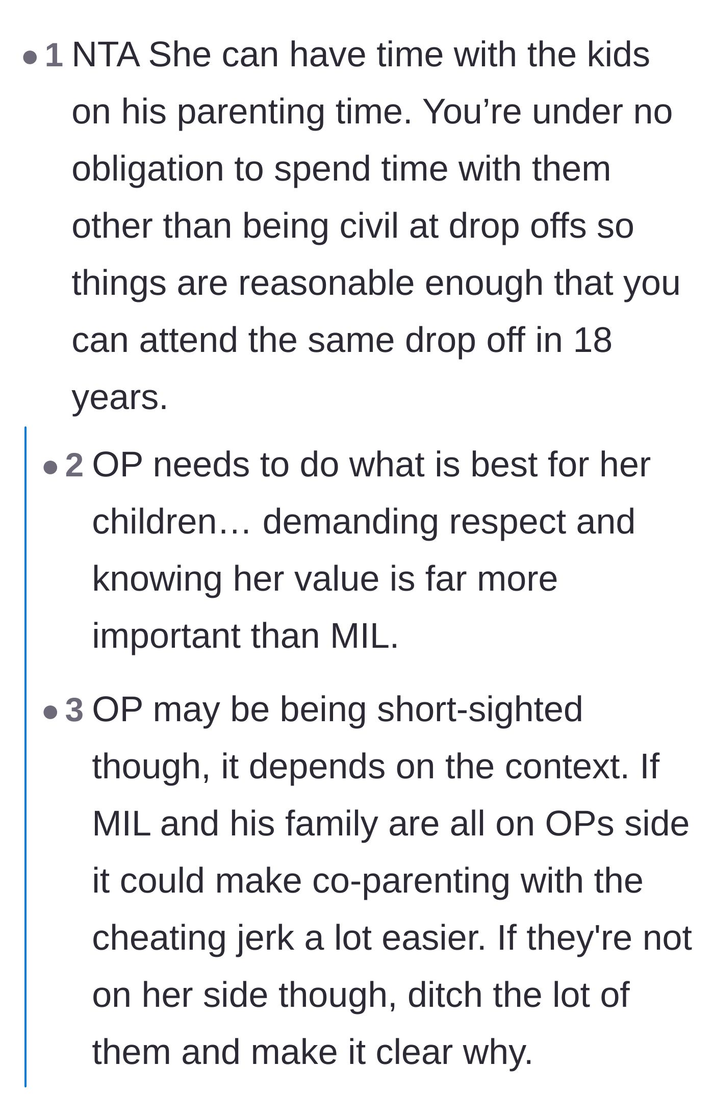 Comment thread 1 - Advice on setting firm boundaries for drop-offs and custody time.