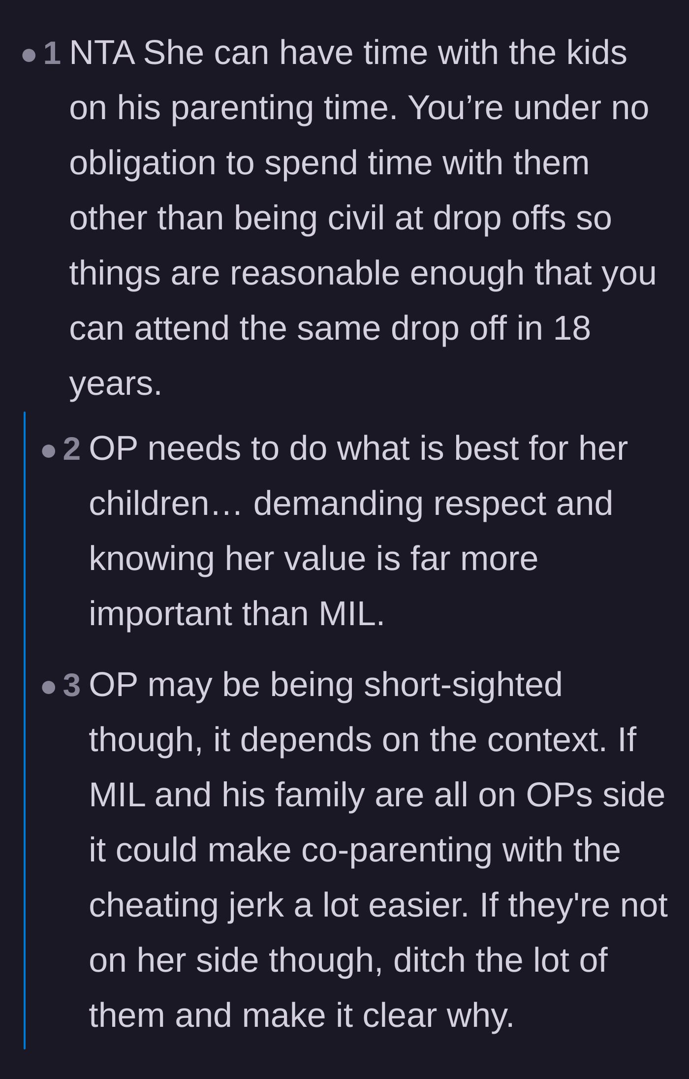 Comment thread 1 - Advice on setting firm boundaries for drop-offs and custody time.
