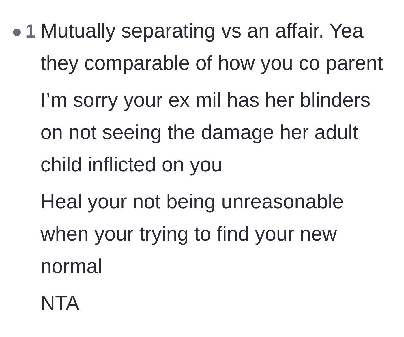 Comment thread 2 - Pointing out the absurdity of comparing a mutual split to an affair, and calling out the mother-in-law.