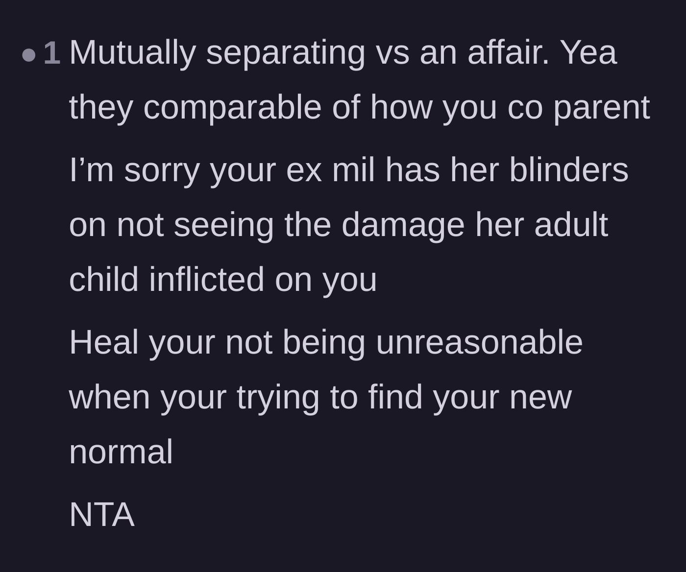 Comment thread 2 - Pointing out the absurdity of comparing a mutual split to an affair, and calling out the mother-in-law.