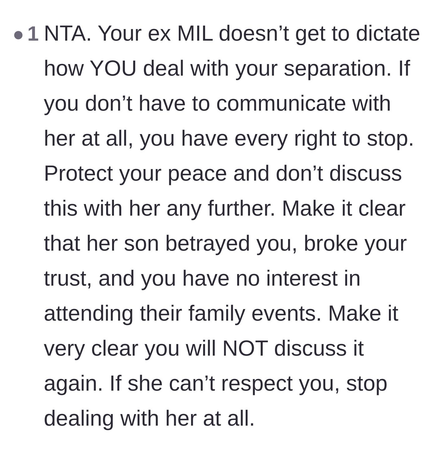 Comment thread 4 - Strong advice to protect her peace and refuse further discussion with the ex-mother-in-law.