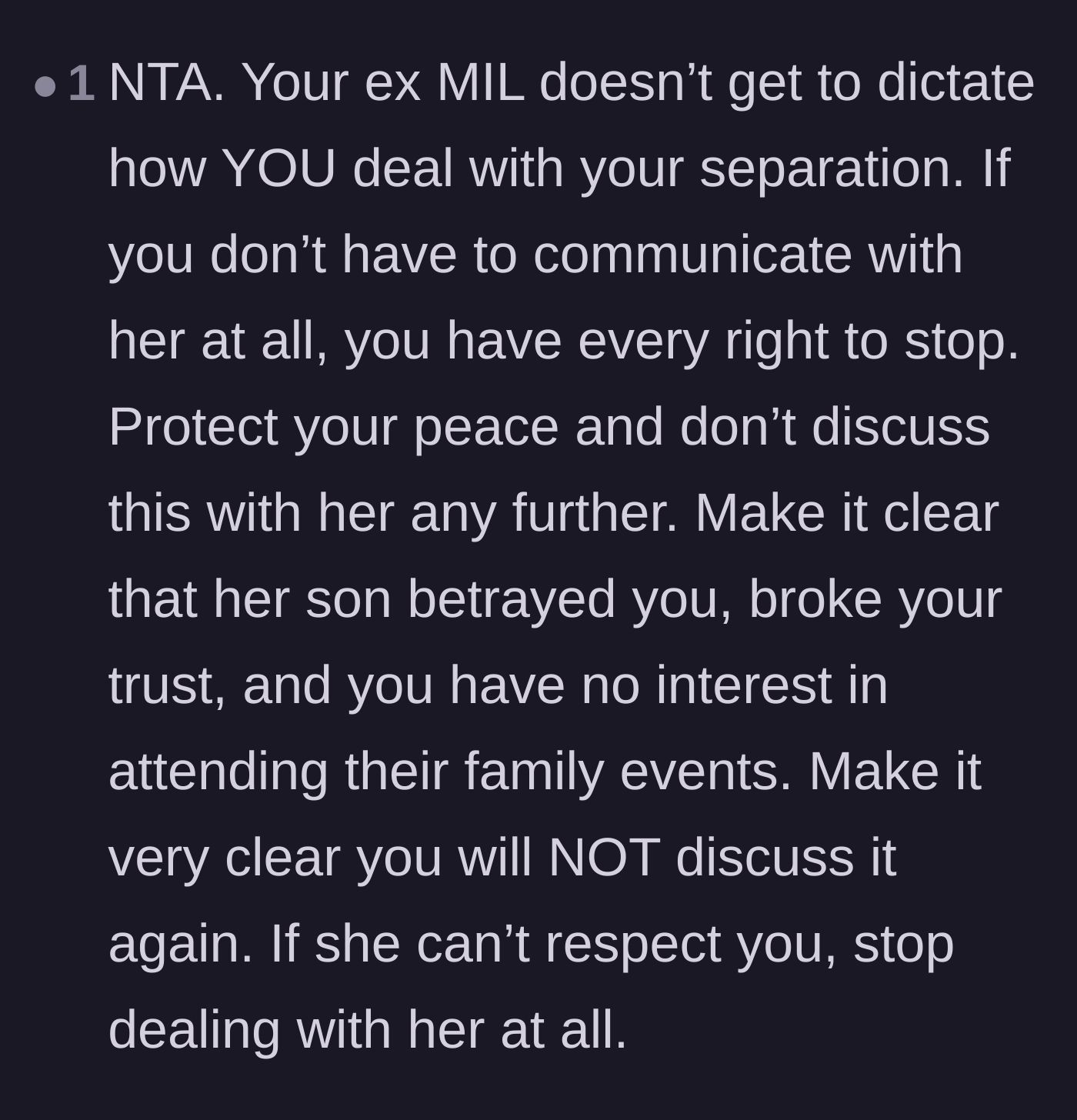Comment thread 4 - Strong advice to protect her peace and refuse further discussion with the ex-mother-in-law.