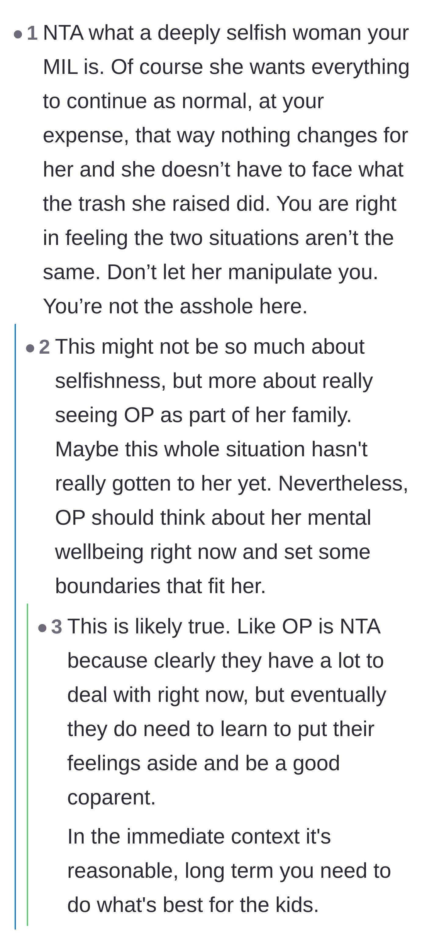 Comment thread 5 - A debate over whether the mother-in-law's demands are driven by selfishness or a misguided attempt to keep the author in the family.