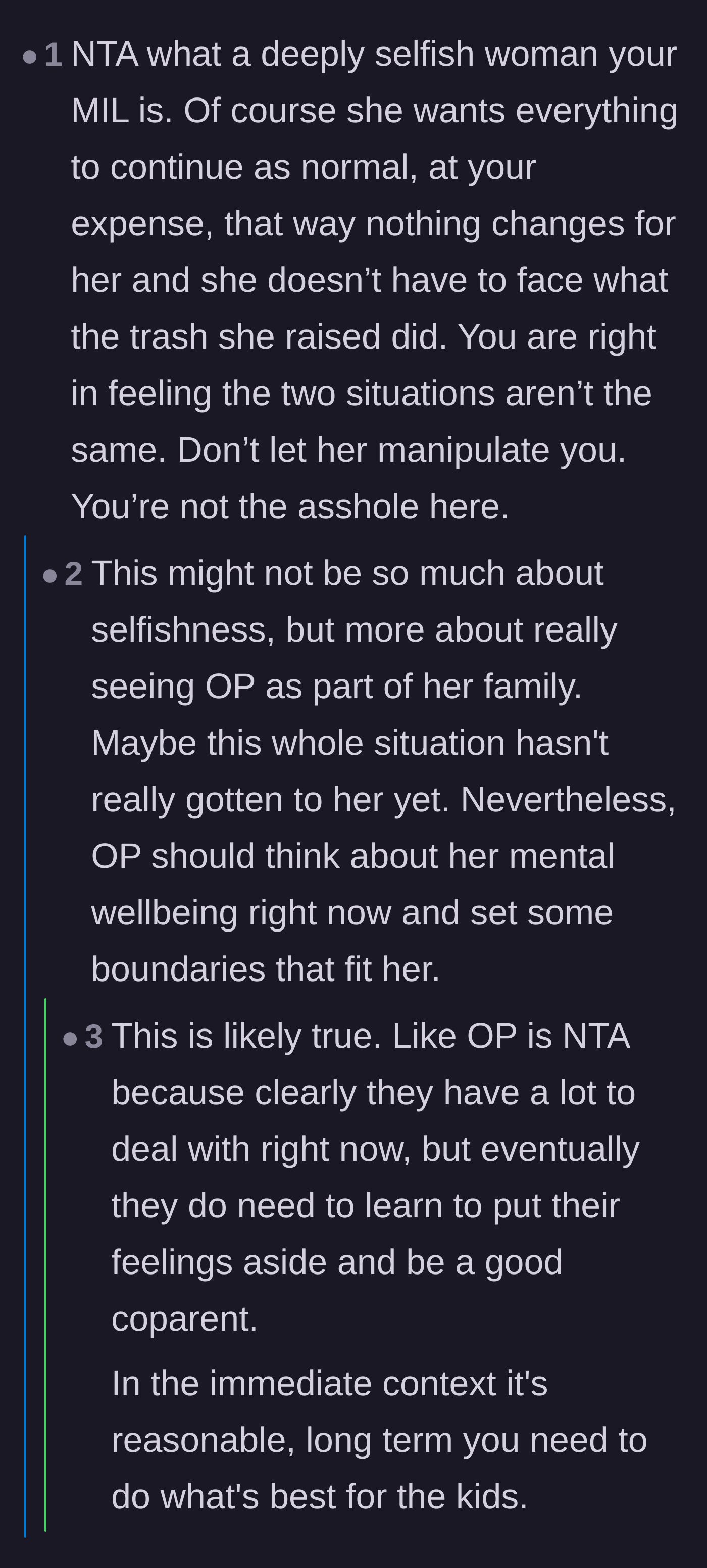 Comment thread 5 - A debate over whether the mother-in-law's demands are driven by selfishness or a misguided attempt to keep the author in the family.