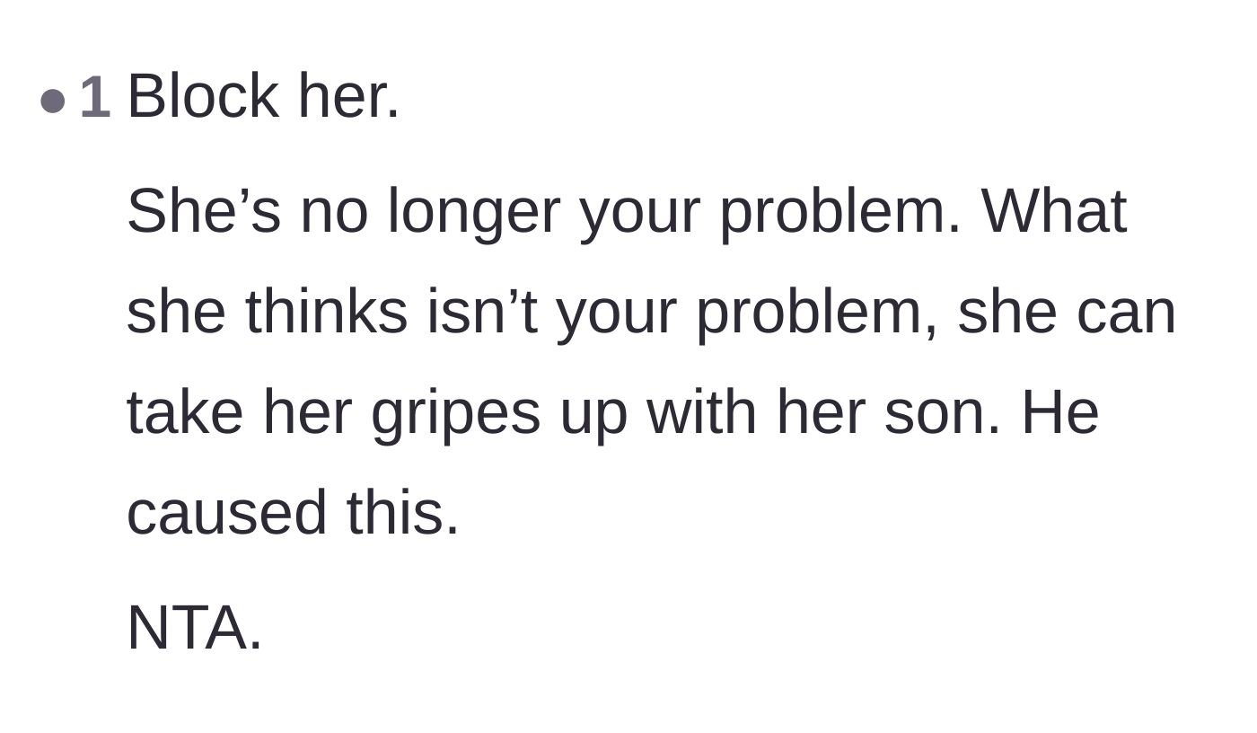 Comment thread 6 - Blunt advice to simply block the mother-in-law and make the ex-fiancé deal with his own family.