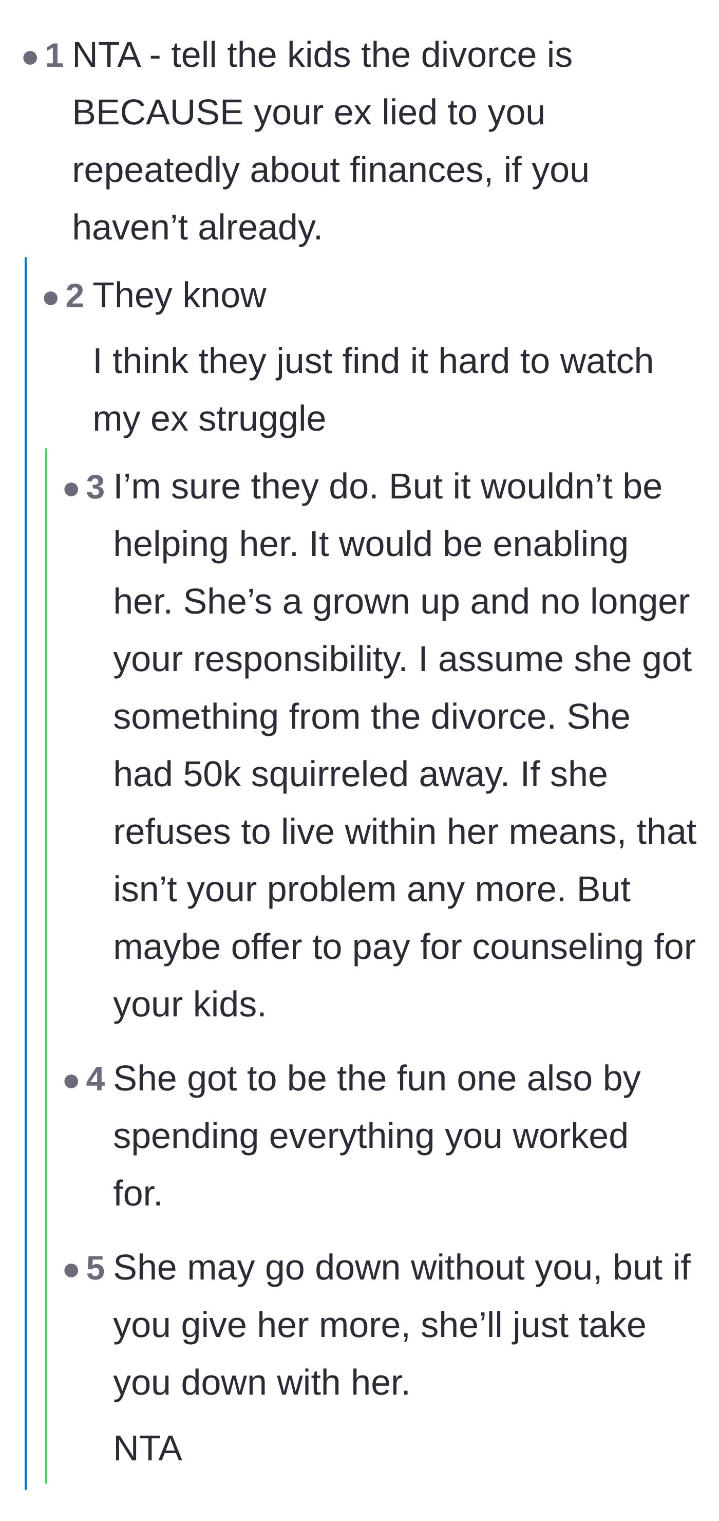 Comment thread 2 - Discussion about whether the kids truly grasp the severity of their mother's past financial deception