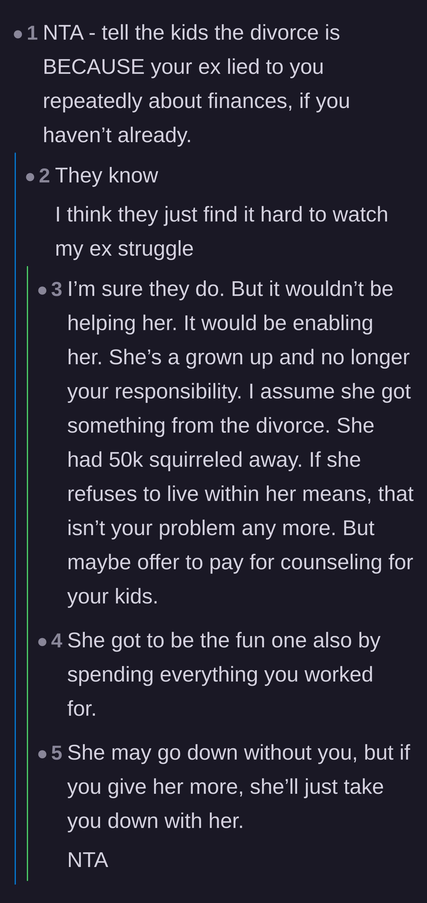 Comment thread 2 - Discussion about whether the kids truly grasp the severity of their mother's past financial deception