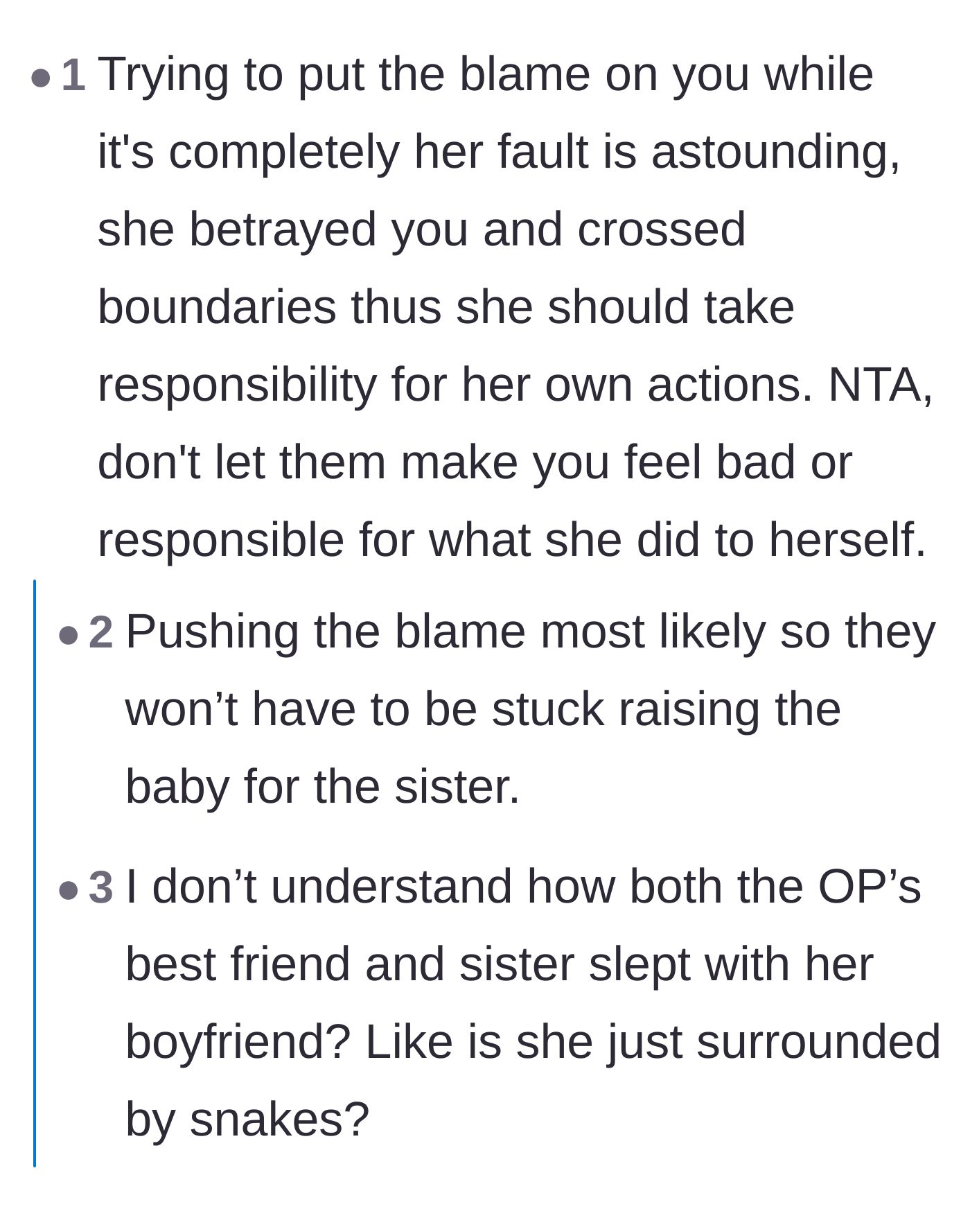 Comment thread 1 - Readers dissecting the parents' hidden motives for pushing the pregnant sister onto the main character.